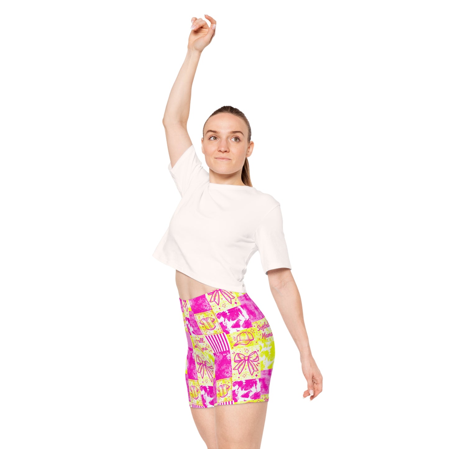 Softball Mama Biker Shorts — Pink & Yellow