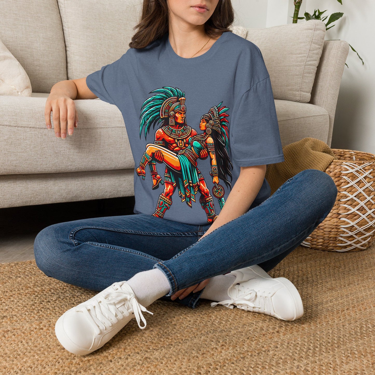 Aztec Warrior Couple T-Shirt — Vintage Mesoamerican Tribal Art Tee