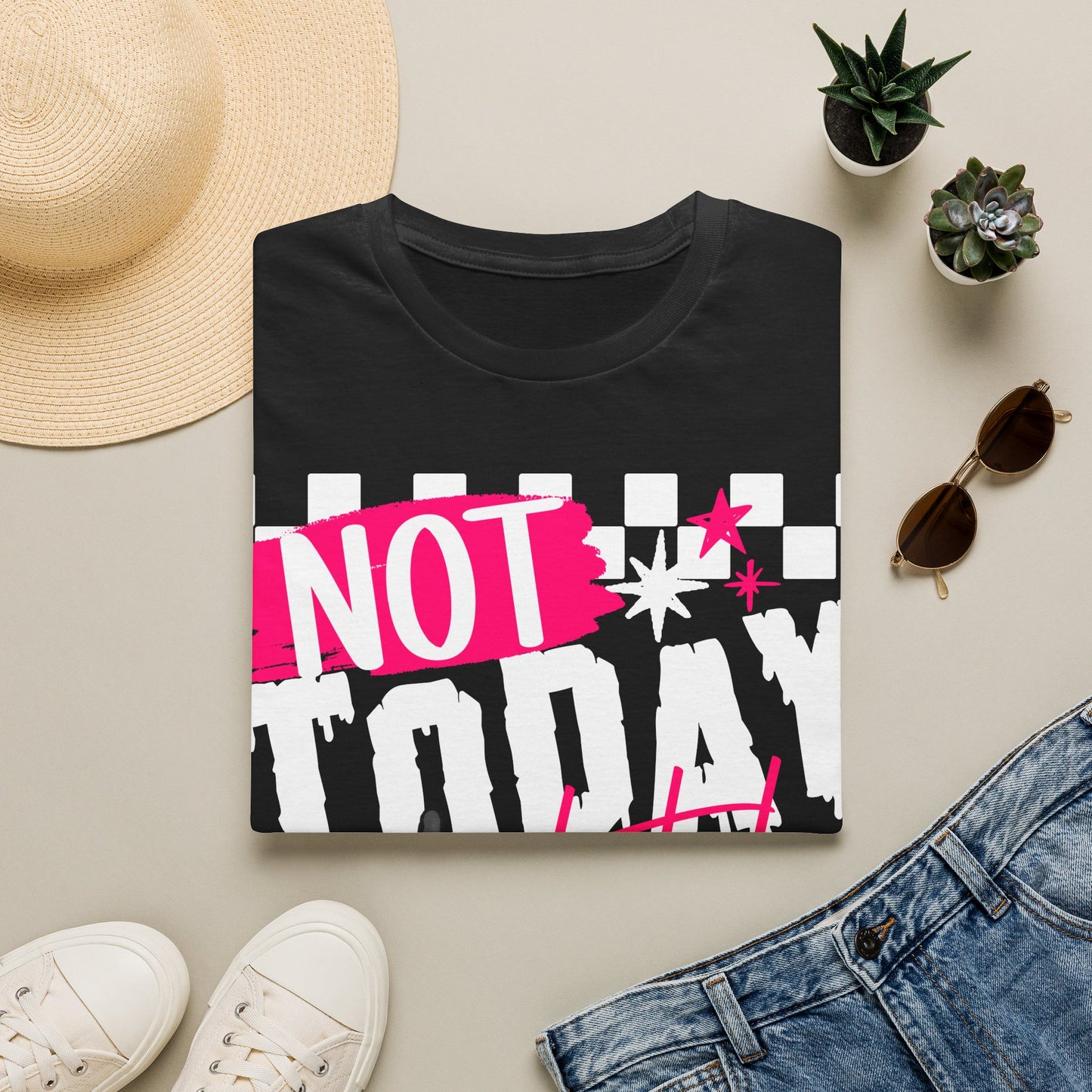 Not Today Tee — Bold Punk Graphic T‑Shirt with Checkerboard & Slogan