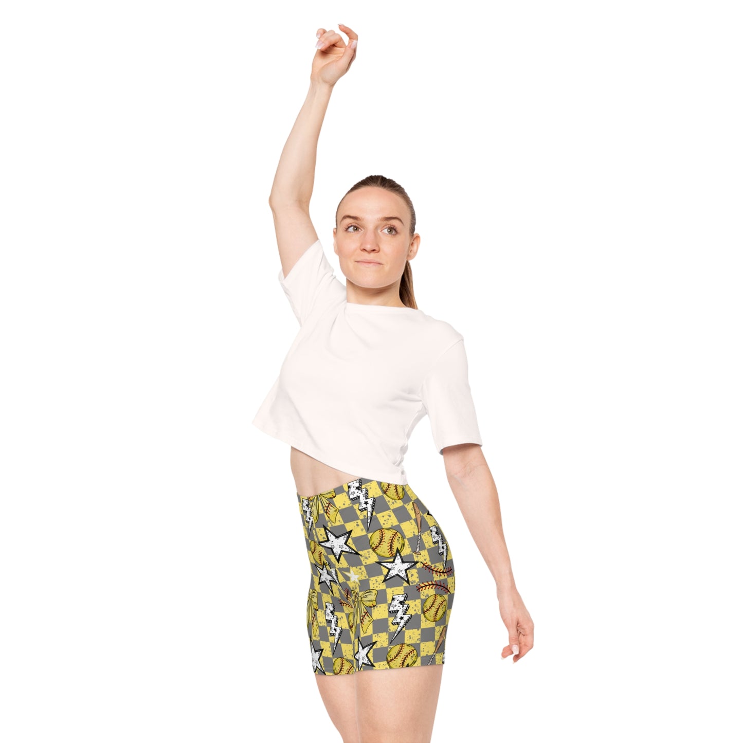 Softball Biker Shorts — Yellow Checker Stars, Bats & Lightning