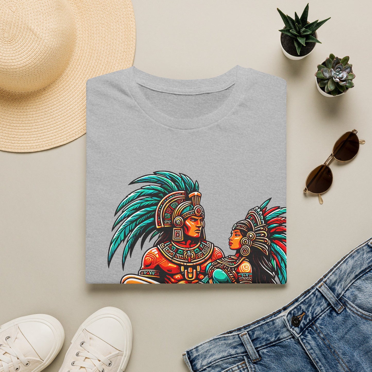 Aztec Warrior Couple T-Shirt — Vintage Mesoamerican Tribal Art Tee
