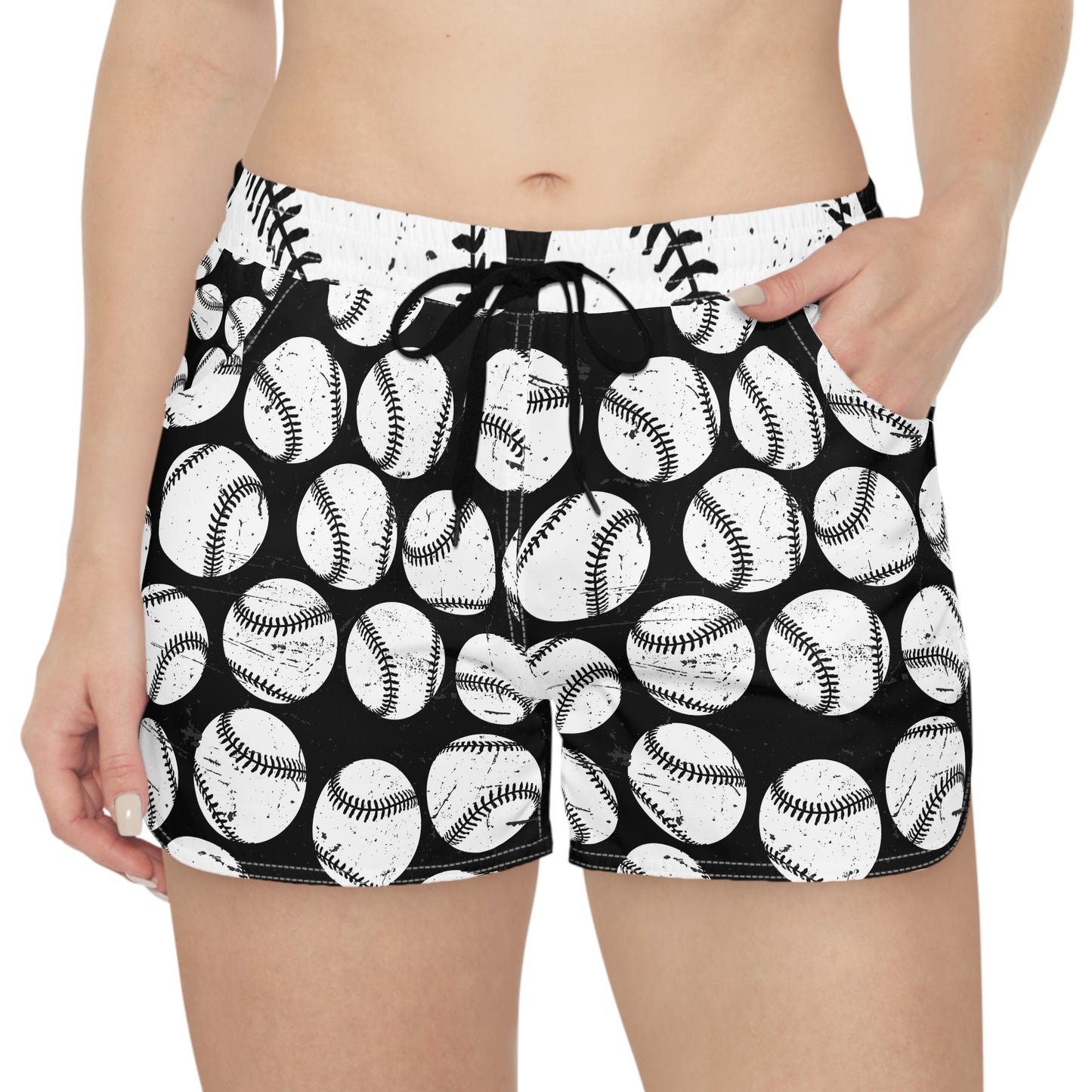 Baseball Print Women's Shorts — Black & White Sporty AOP Lounge Shorts