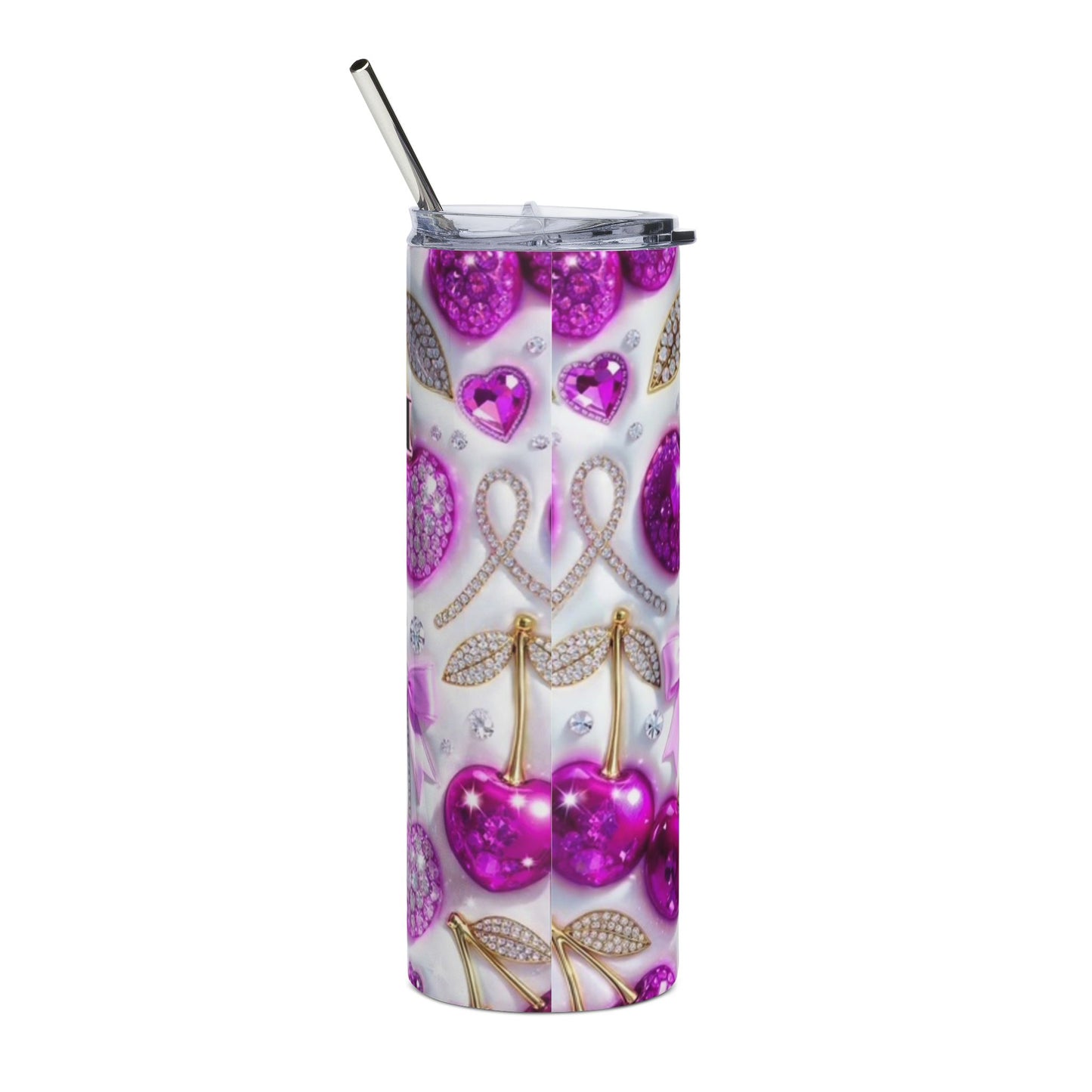20oz Cherry Rhinestone Stainless Tumbler – Sparkling Pink Coach-Inspired Travel Cup
