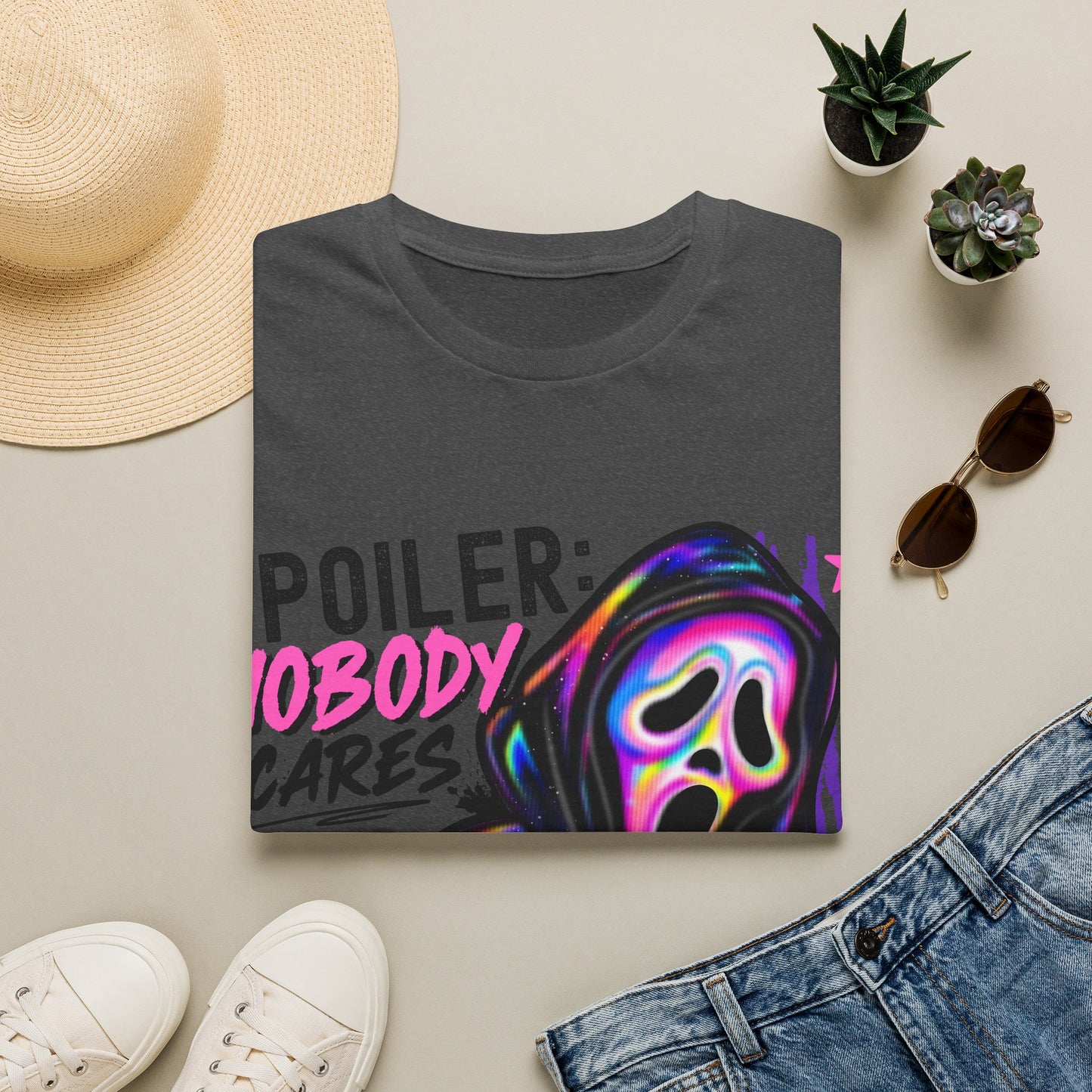 T-Shirt — "Spoiler: Nobody Cares" Neon Scream Graphic Tee