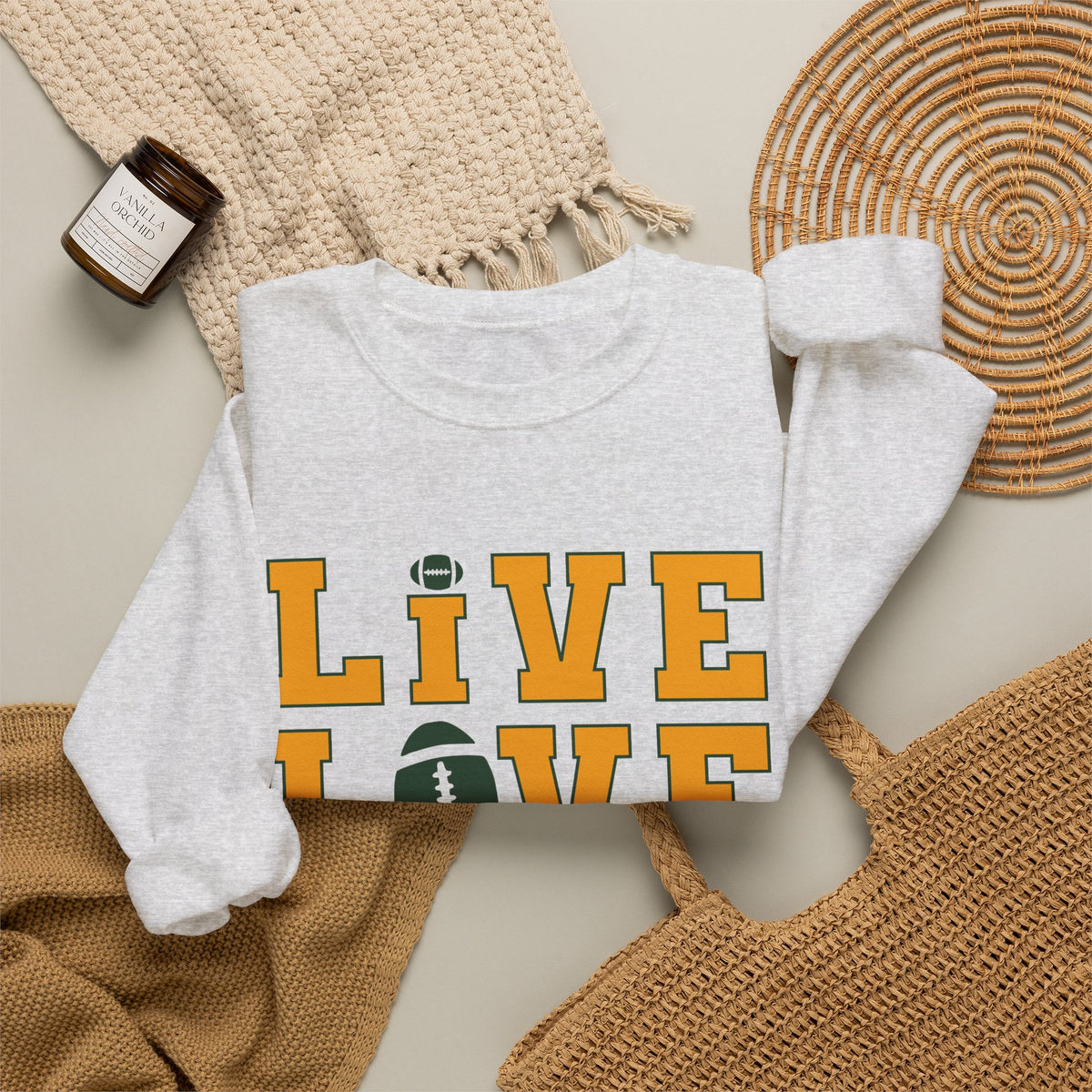 Live Love Packers Football Crewneck Sweatshirt — Green Bay Fan Pullover