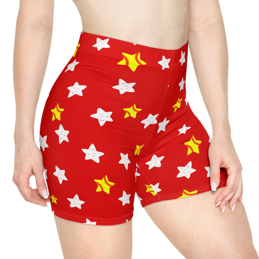 Red Starburst Pattern Biker Shorts — Women's Cute Holiday Activewear