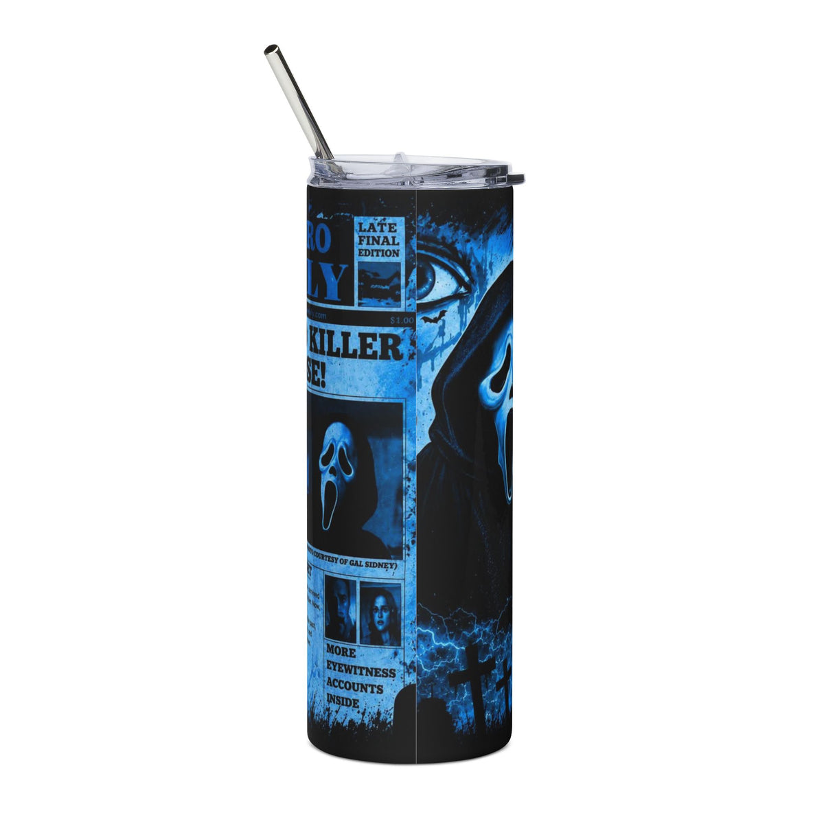 20oz Stainless Steel Tumbler — Blue Horror Scream Newspaper