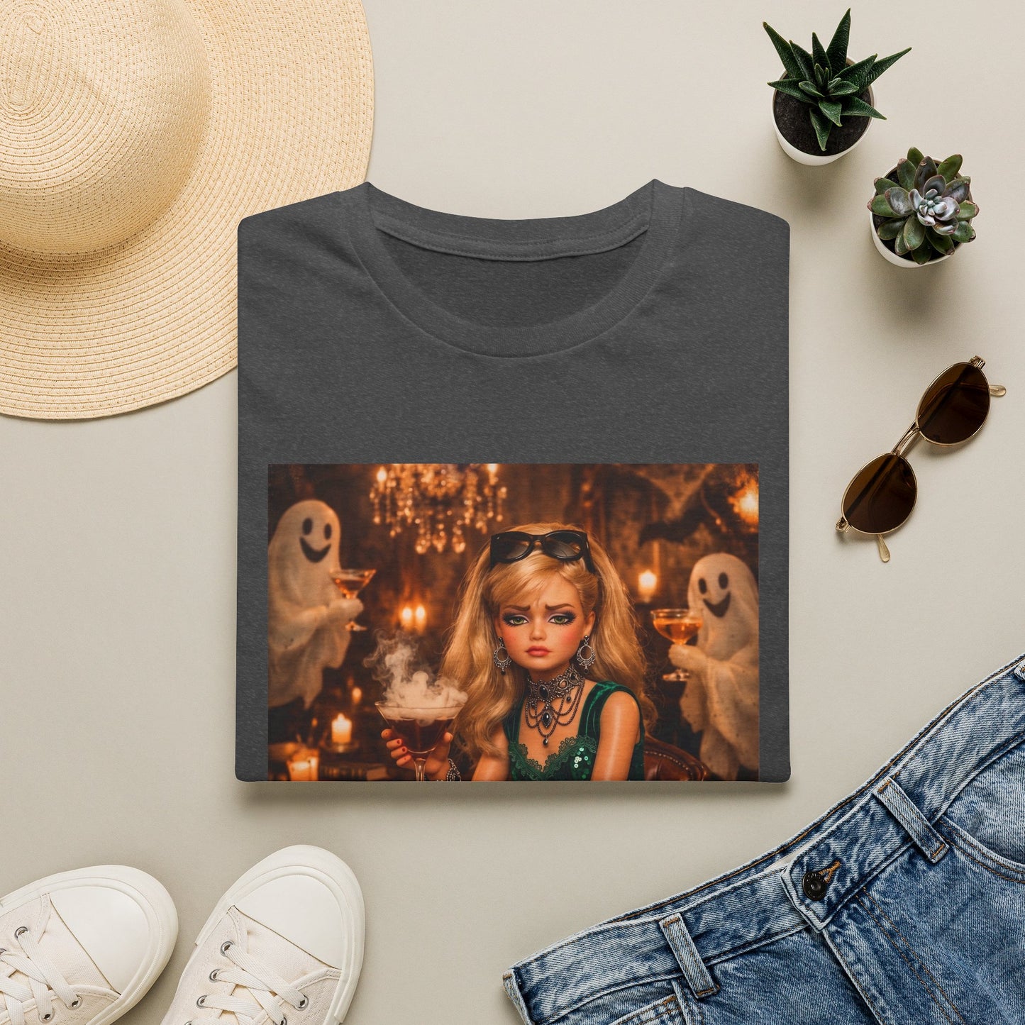 "Just Here for the Boo" Ghostly Vintage Doll Halloween Tee