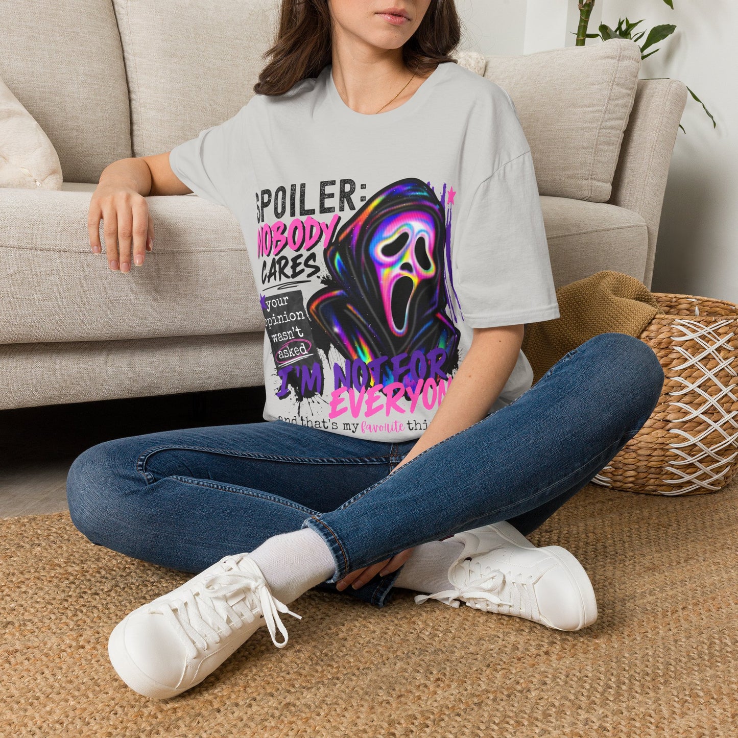 T-Shirt — "Spoiler: Nobody Cares" Neon Scream Graphic Tee