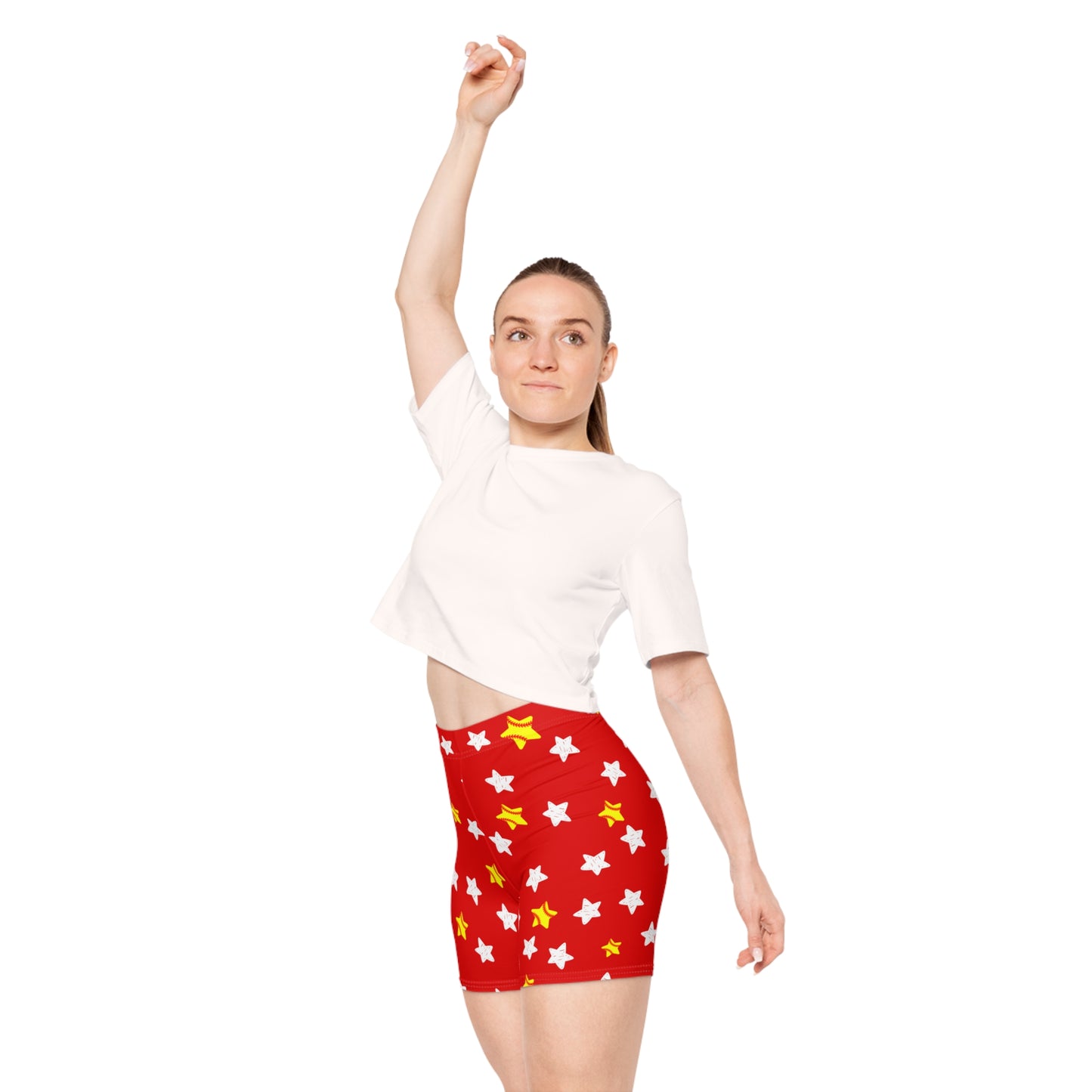Red Starburst Pattern Biker Shorts — Women's Cute Holiday Activewear
