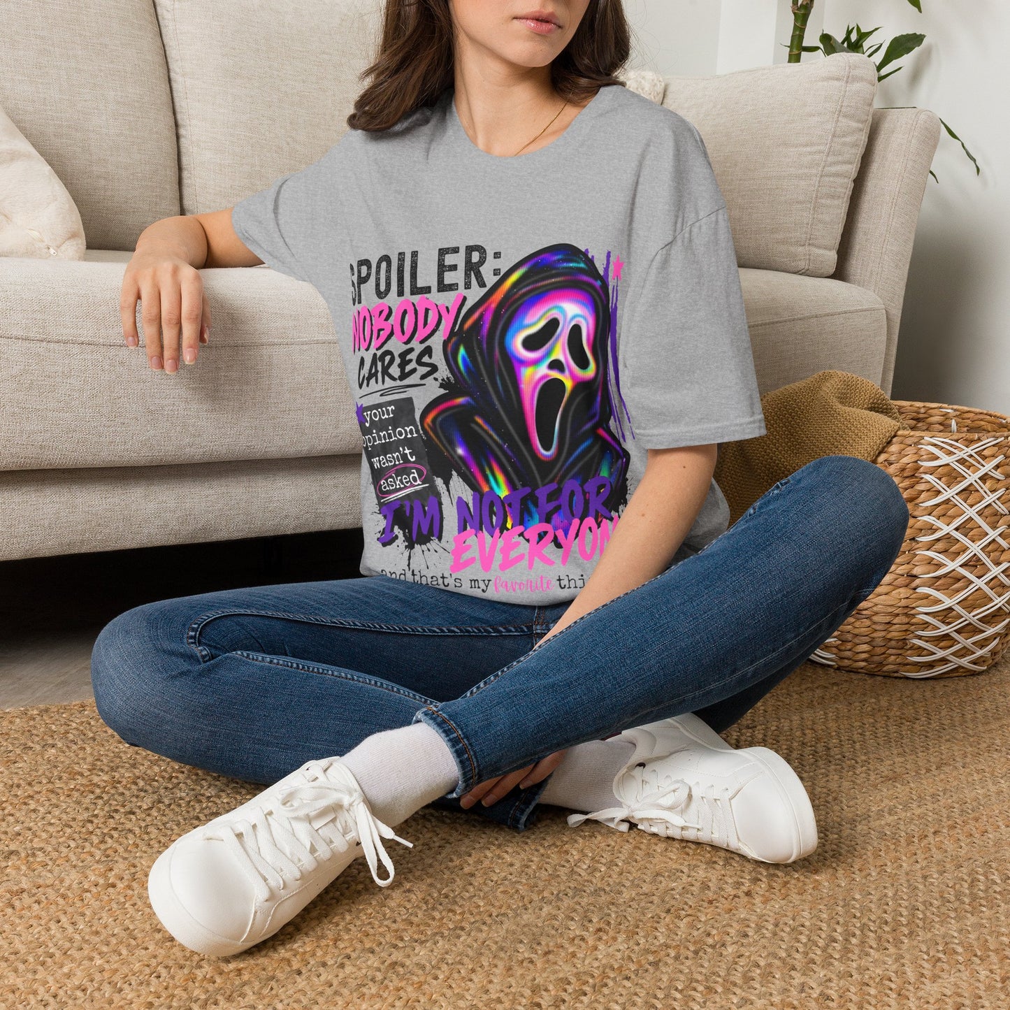 T-Shirt — "Spoiler: Nobody Cares" Neon Scream Graphic Tee
