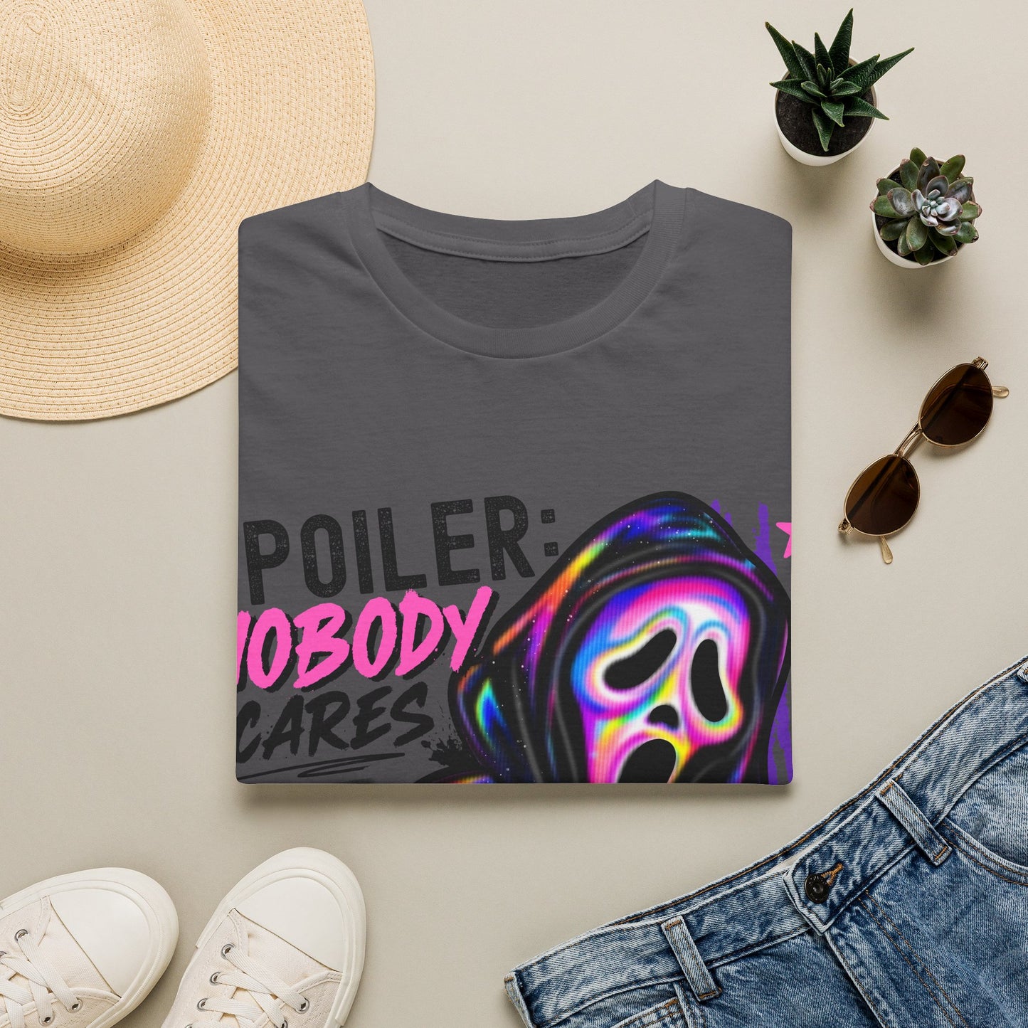 T-Shirt — "Spoiler: Nobody Cares" Neon Scream Graphic Tee
