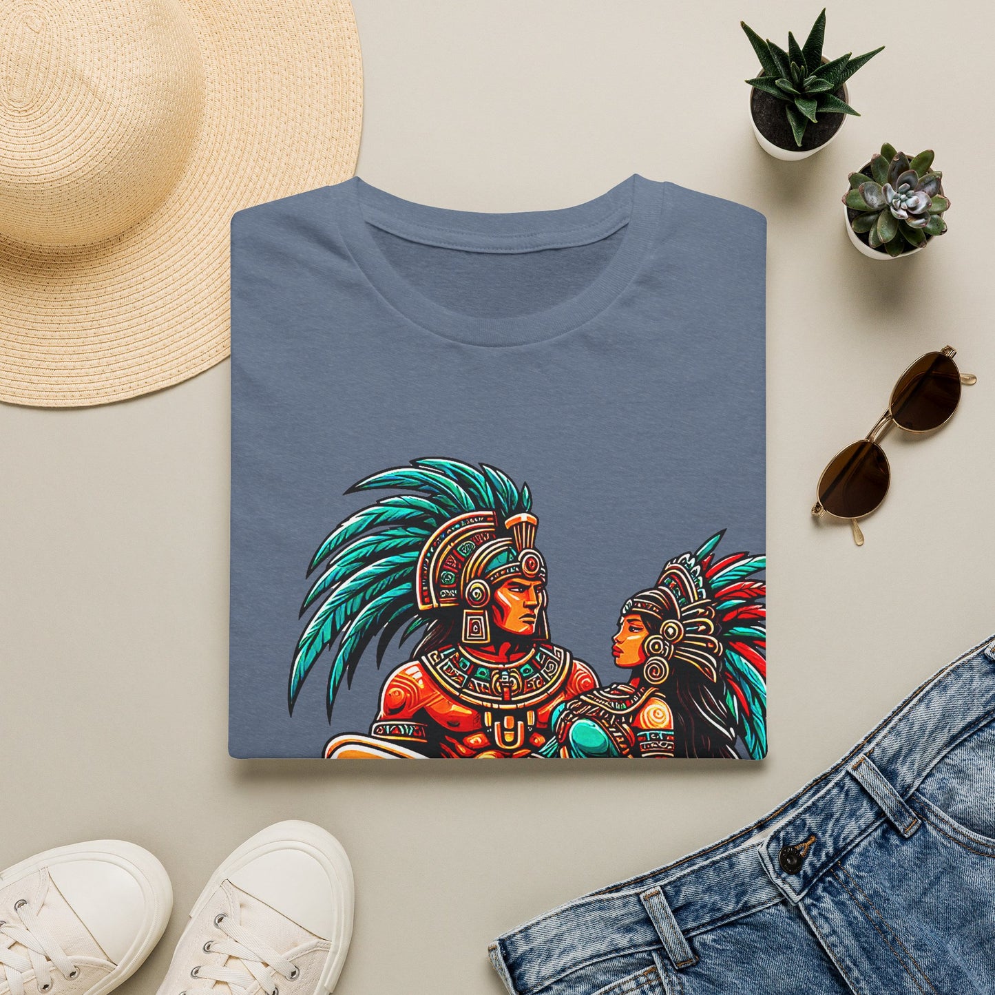 Aztec Warrior Couple T-Shirt — Vintage Mesoamerican Tribal Art Tee