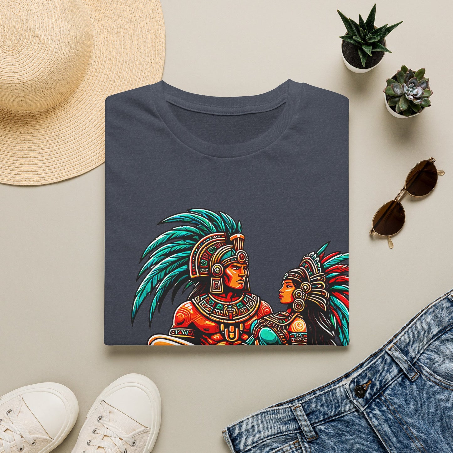 Aztec Warrior Couple T-Shirt — Vintage Mesoamerican Tribal Art Tee