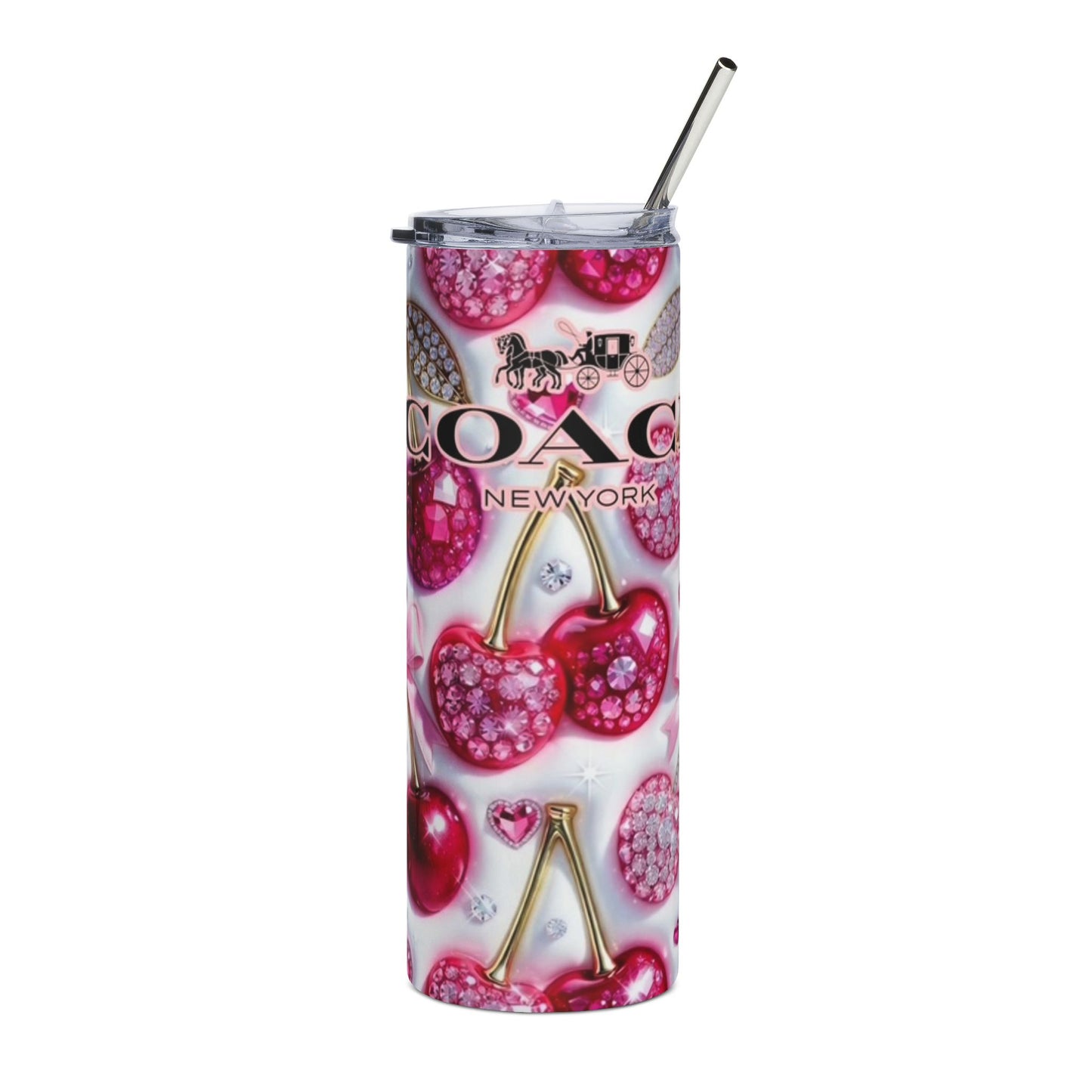 20oz Stainless Tumbler – Pink Jeweled Cherry Coach Logo Design
