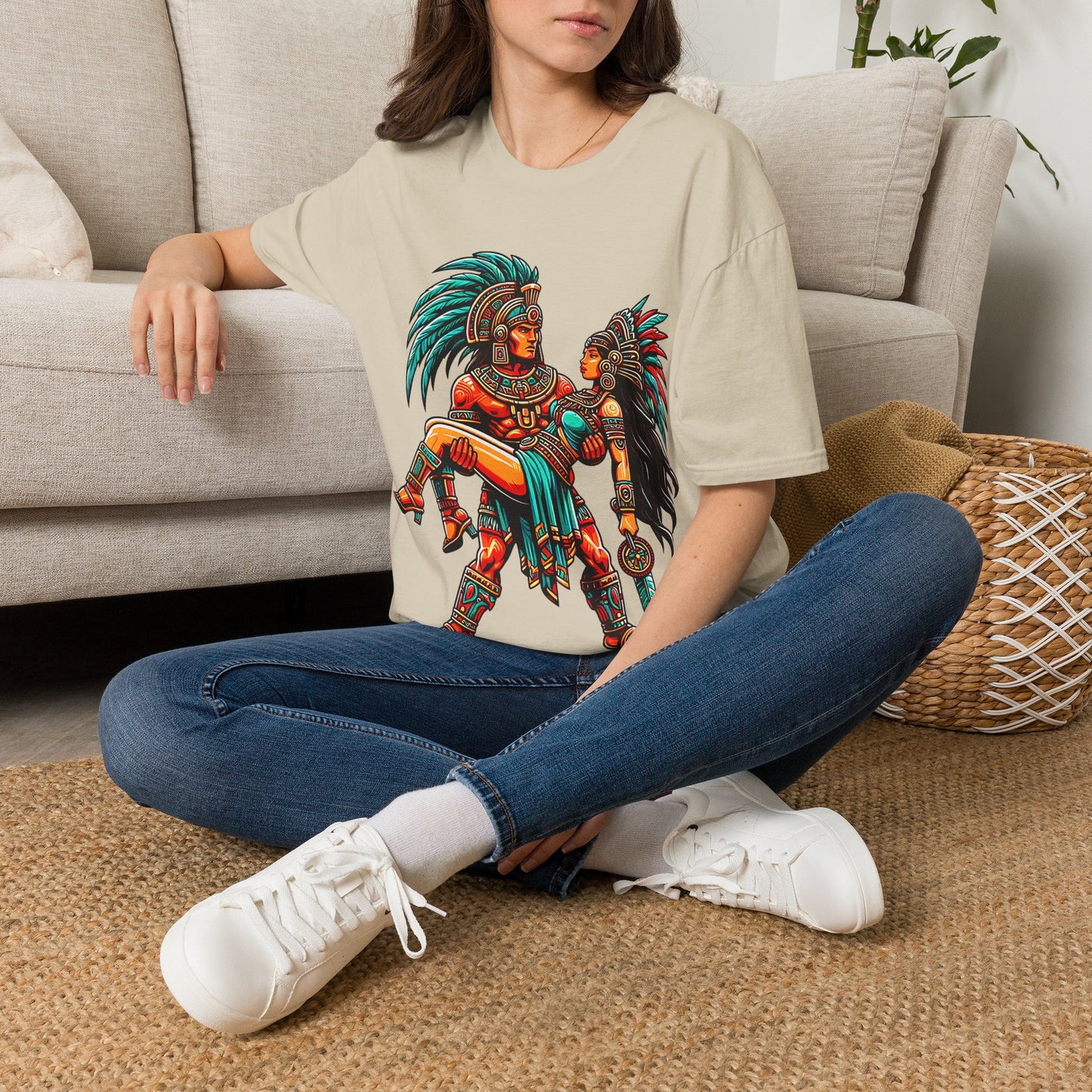 Aztec Warrior Couple T-Shirt — Vintage Mesoamerican Tribal Art Tee