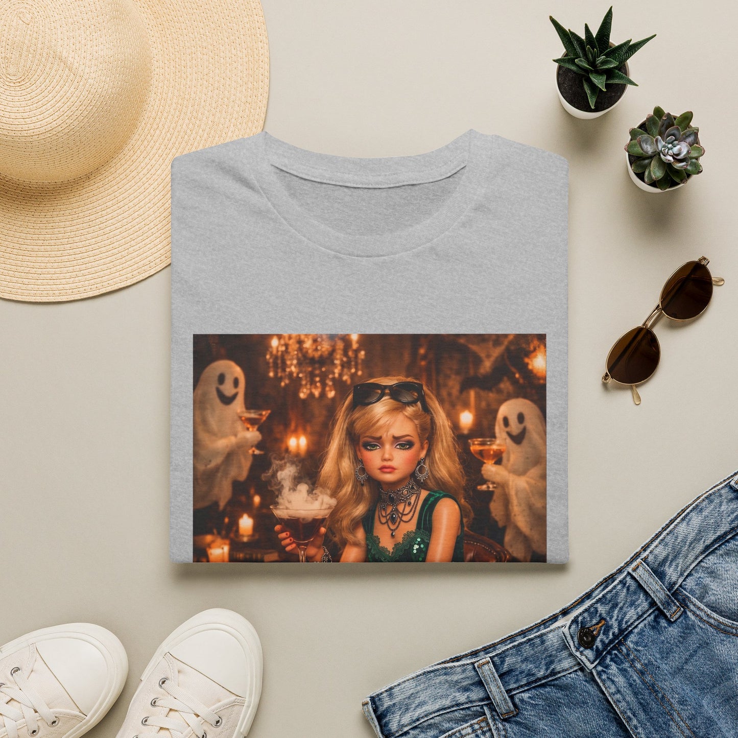 "Just Here for the Boo" Ghostly Vintage Doll Halloween Tee