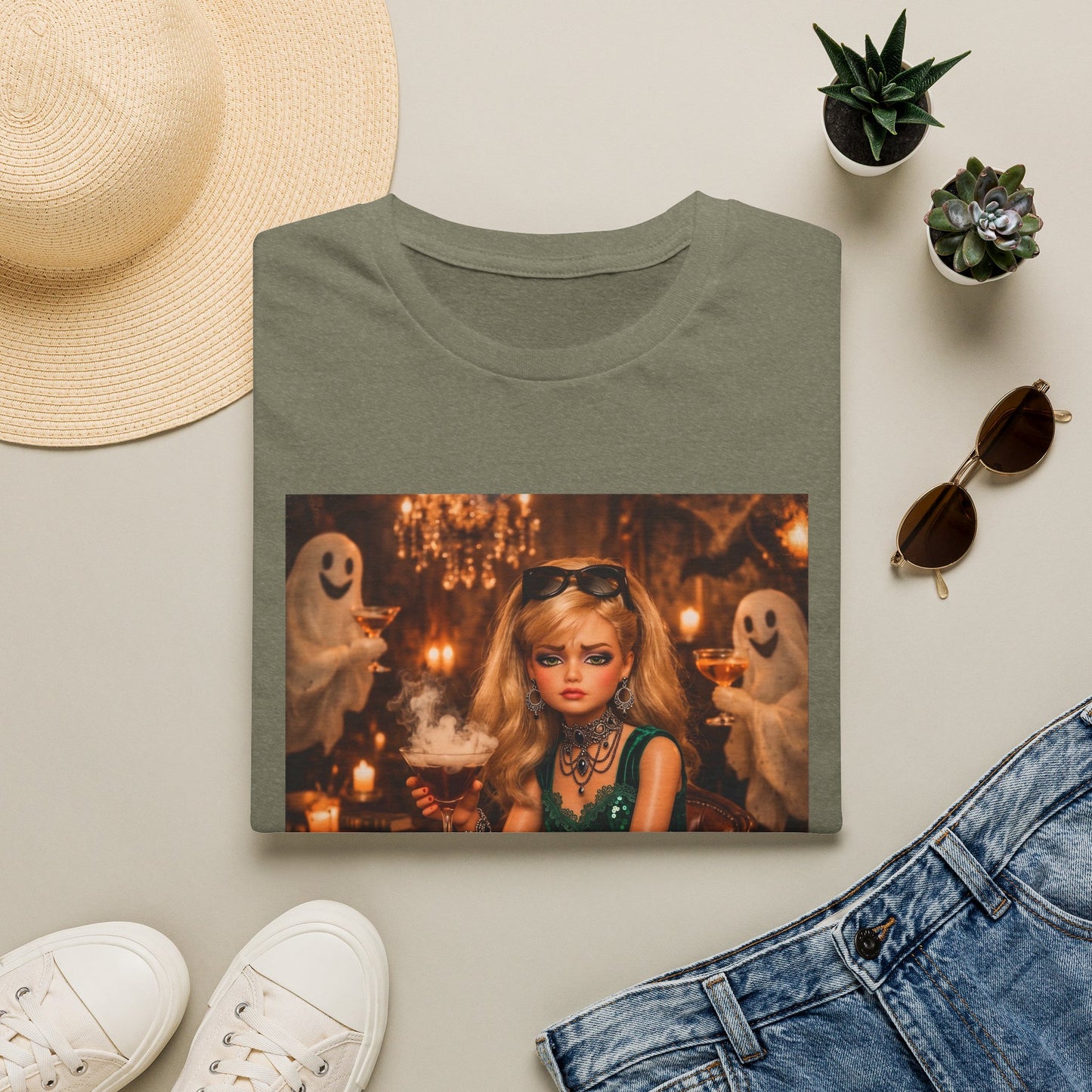 "Just Here for the Boo" Ghostly Vintage Doll Halloween Tee