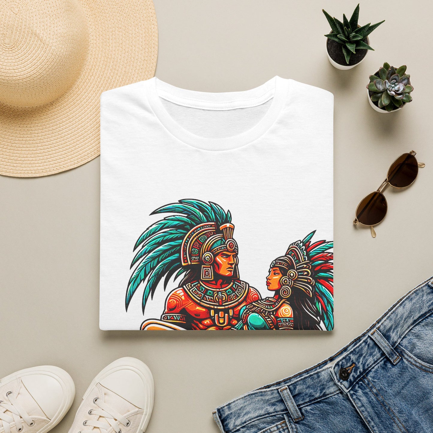 Aztec Warrior Couple T-Shirt — Vintage Mesoamerican Tribal Art Tee