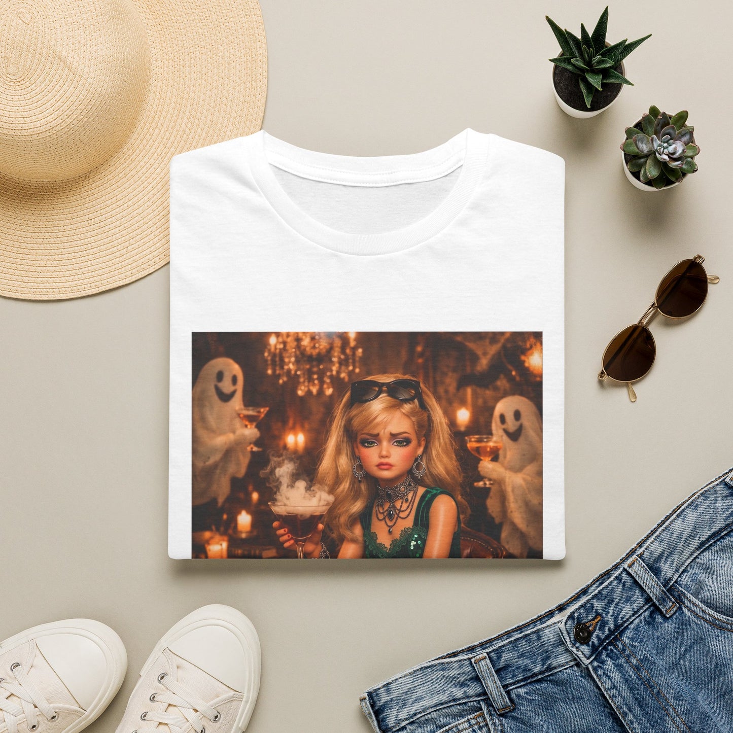 "Just Here for the Boo" Ghostly Vintage Doll Halloween Tee