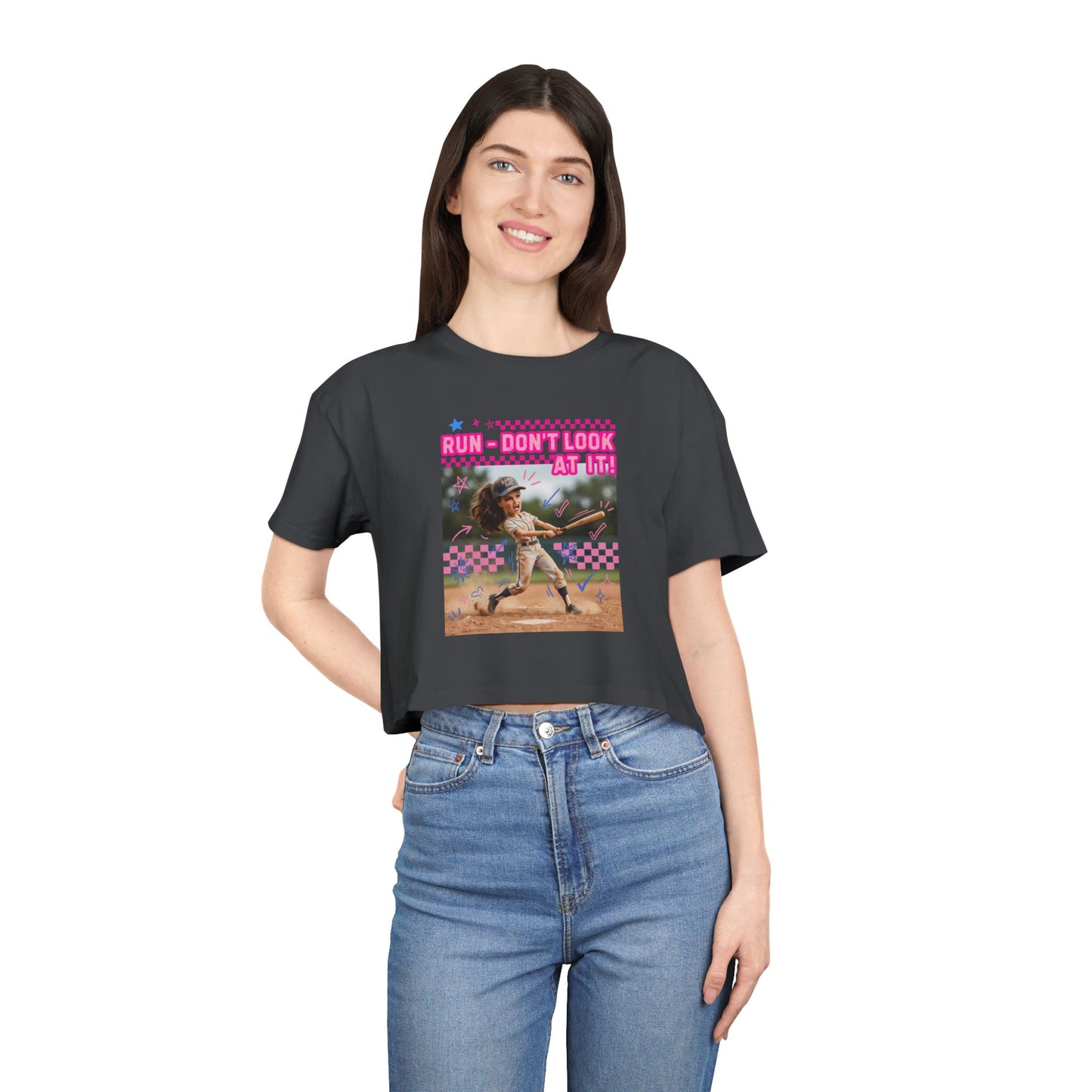 Crop Tee Softball 'Run Don't Look At Me' Graphic
