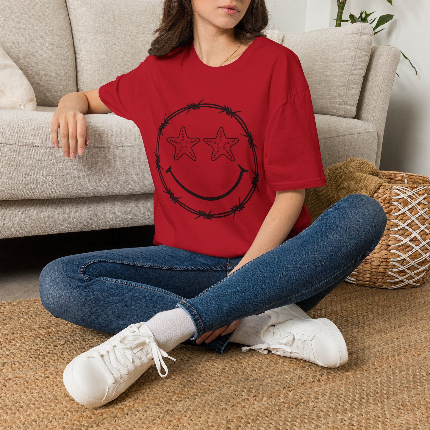 Smiley Barbed Wire Star Eyes Graphic T-Shirt