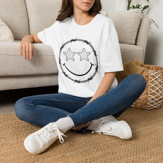 Smiley Barbed Wire Star Eyes Graphic T-Shirt