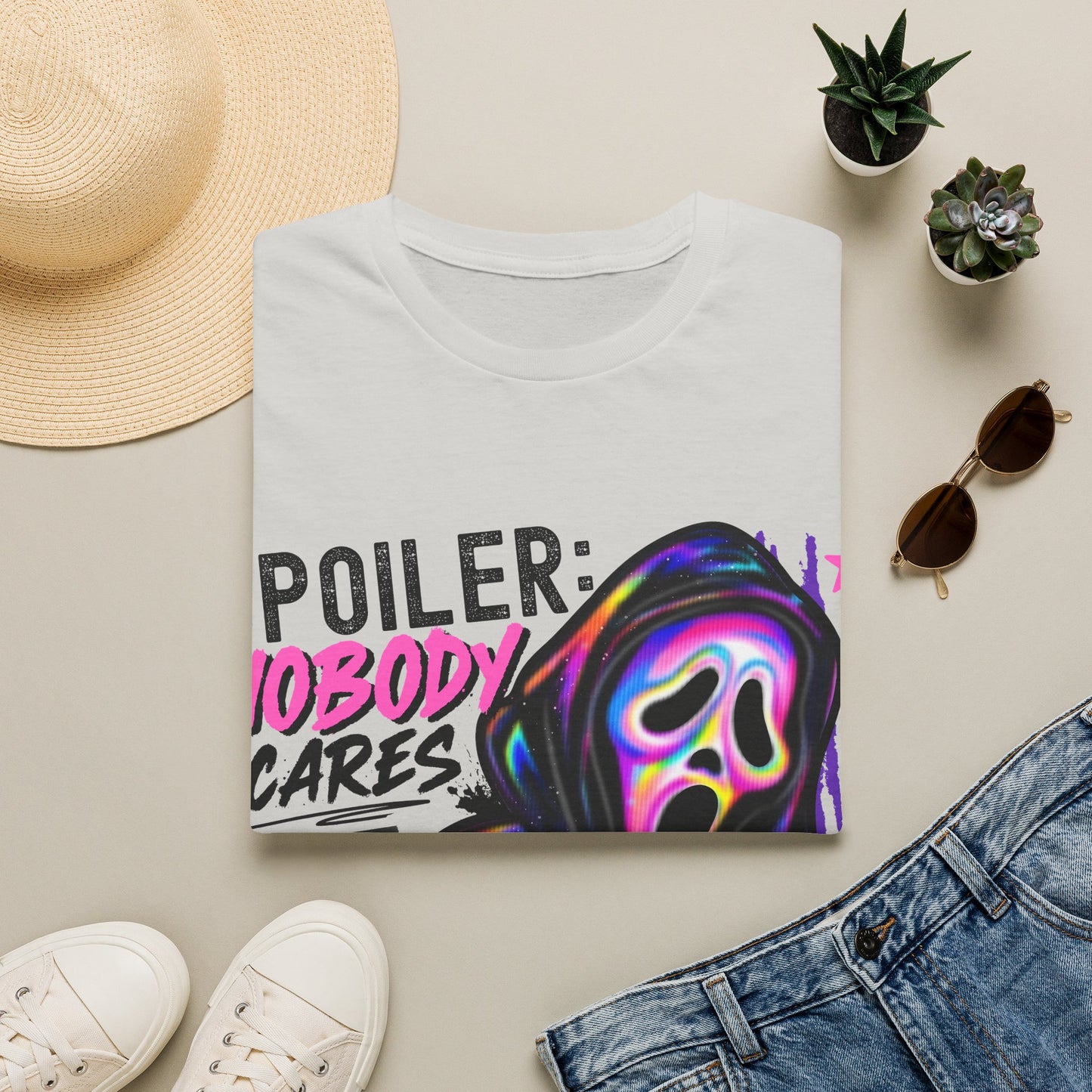 T-Shirt — "Spoiler: Nobody Cares" Neon Scream Graphic Tee