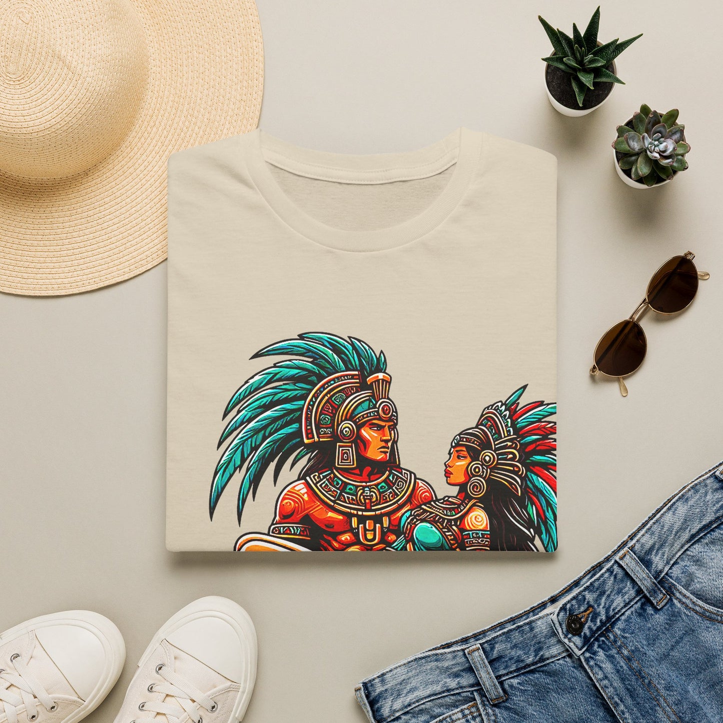 Aztec Warrior Couple T-Shirt — Vintage Mesoamerican Tribal Art Tee