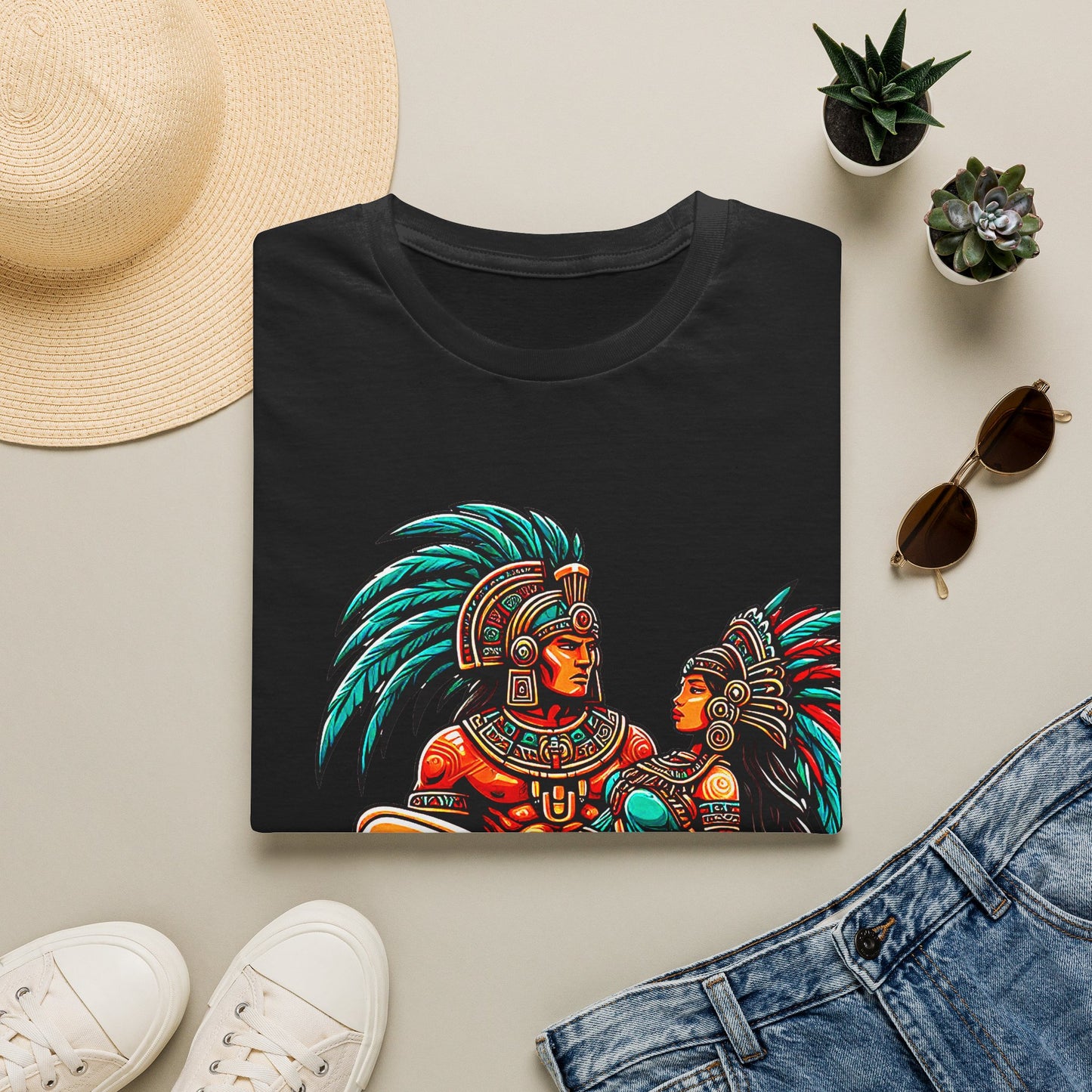Aztec Warrior Couple T-Shirt — Vintage Mesoamerican Tribal Art Tee