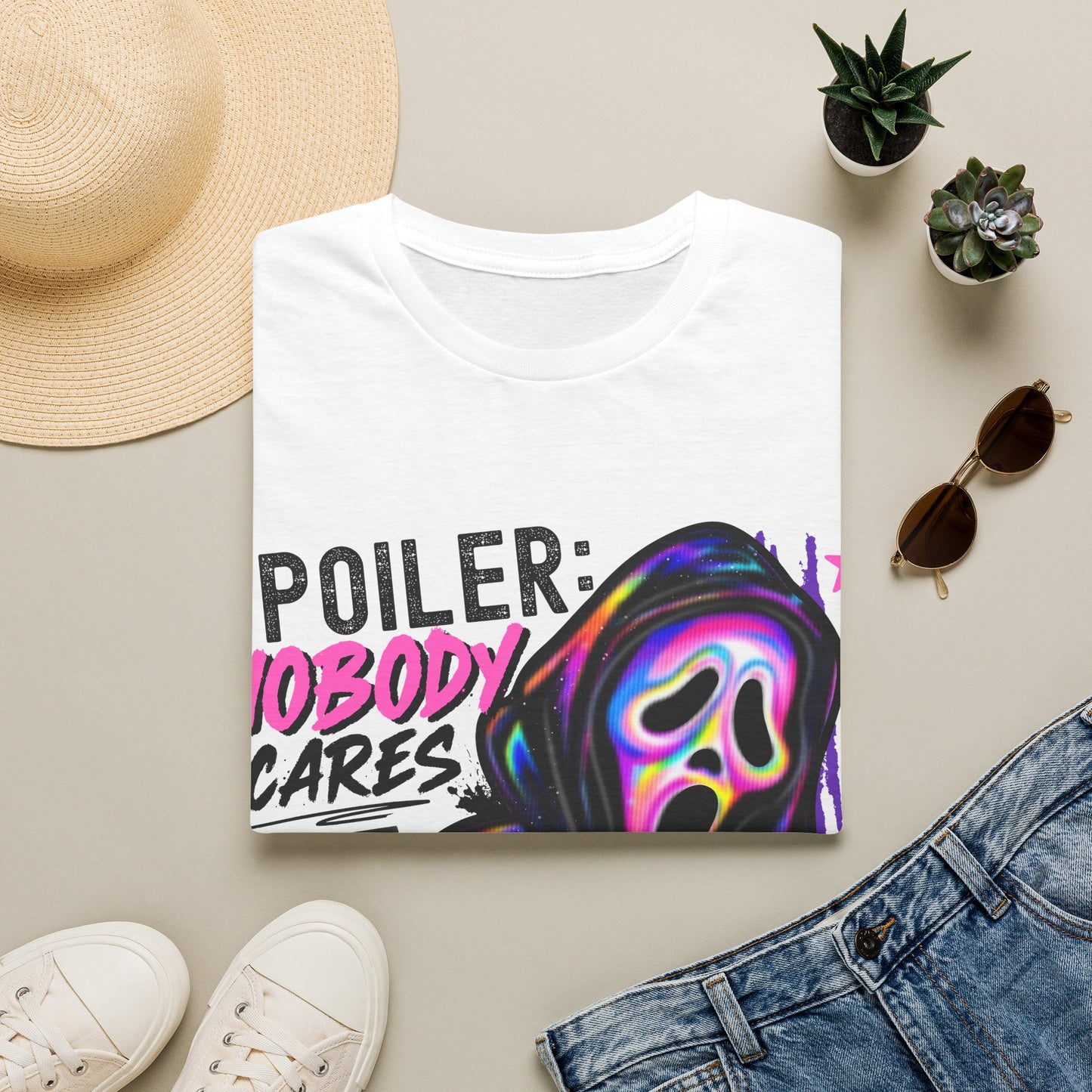 T-Shirt — "Spoiler: Nobody Cares" Neon Scream Graphic Tee