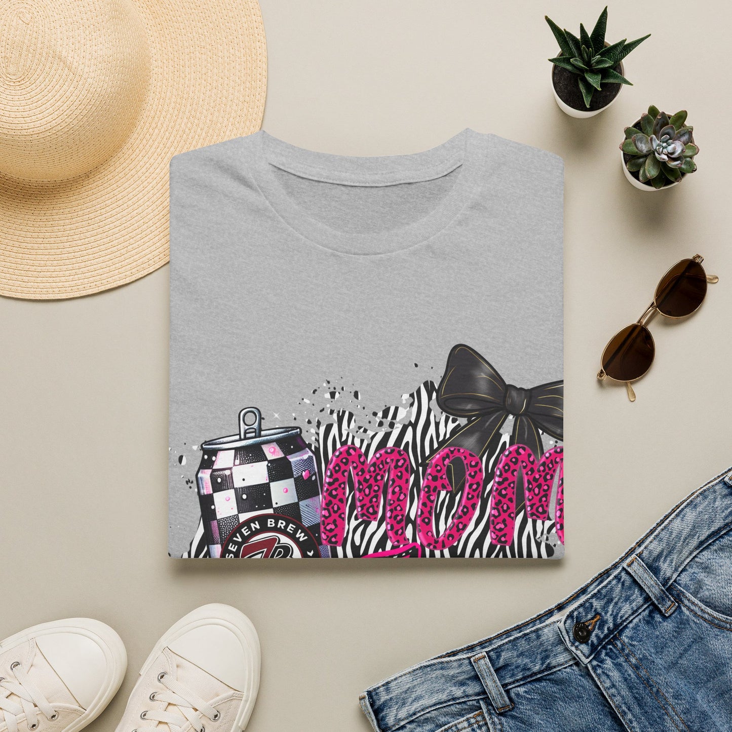 Mom Squad T‑Shirt — Pink Zebra Graphic Tee with Bow & Checkered Can