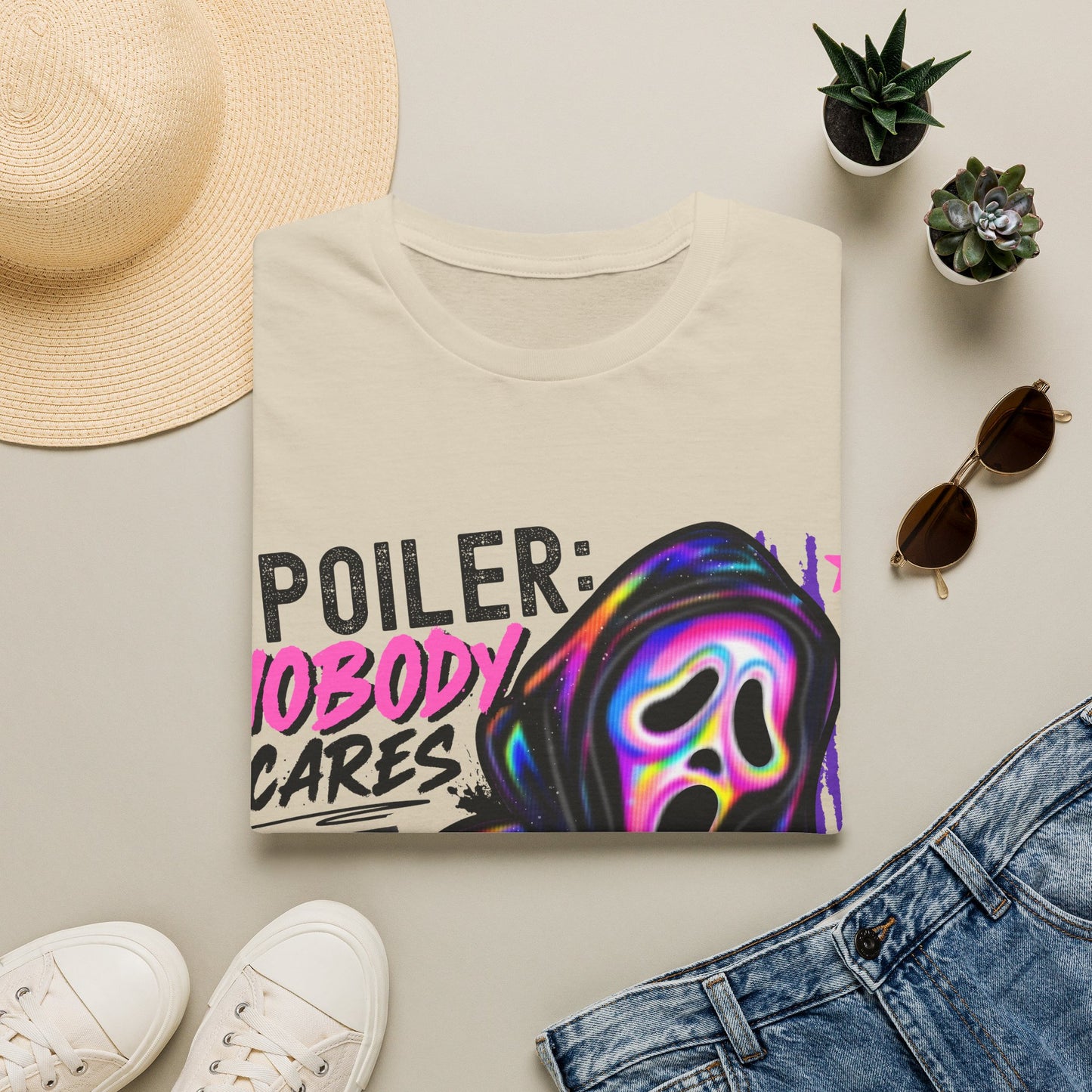 T-Shirt — "Spoiler: Nobody Cares" Neon Scream Graphic Tee