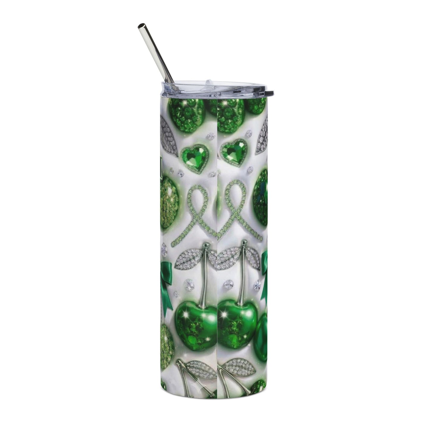 Green Cherry Stainless Steel Tumbler — 20oz Sparkle Travel Cup