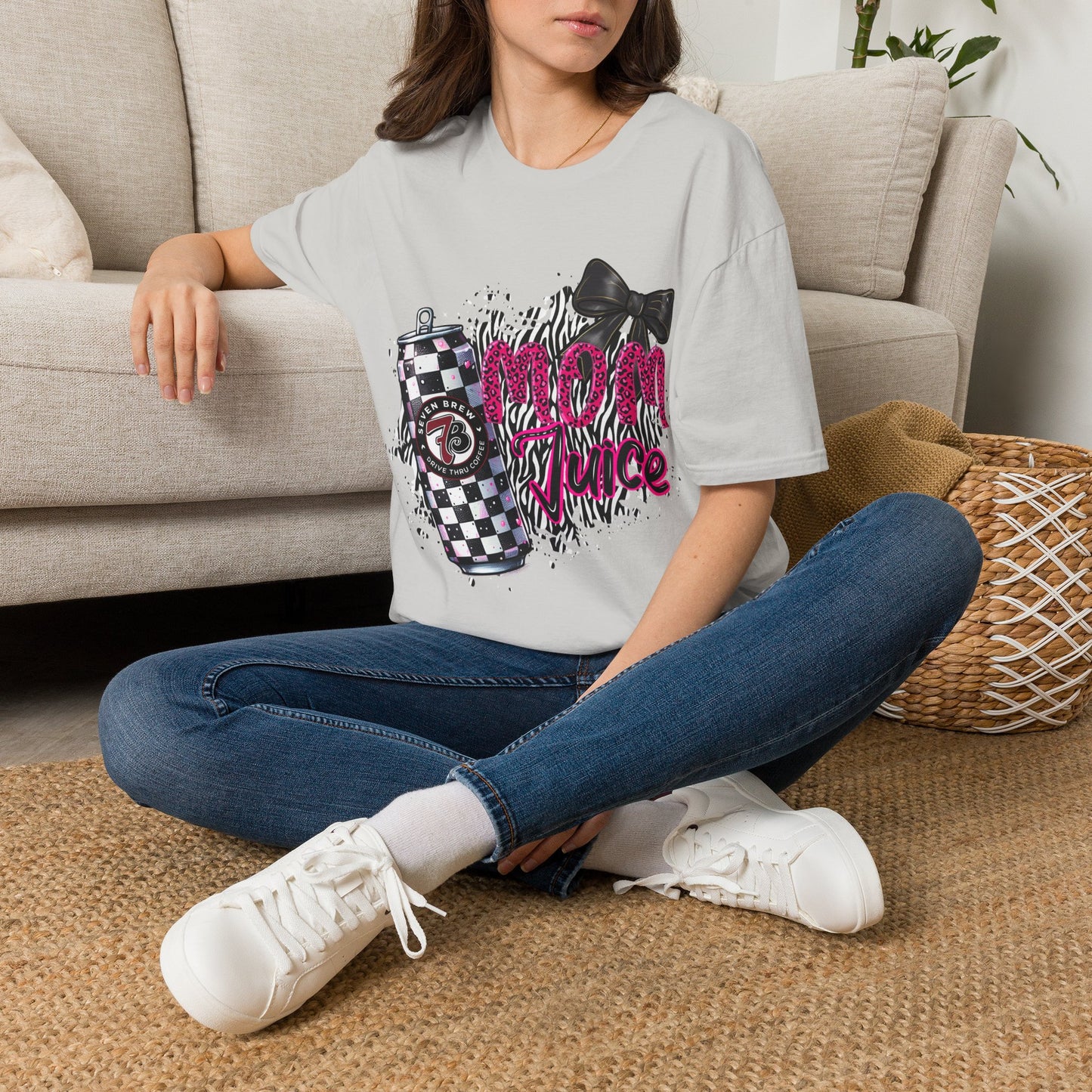 Mom Squad T‑Shirt — Pink Zebra Graphic Tee with Bow & Checkered Can