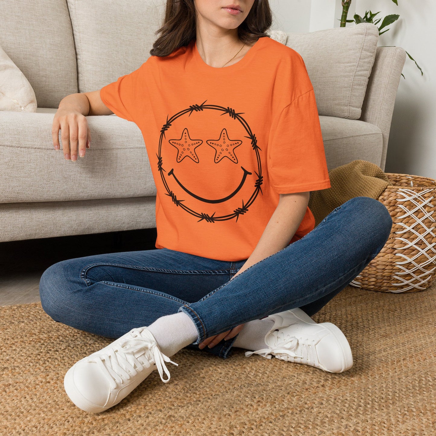 Smiley Barbed Wire Star Eyes Graphic T-Shirt