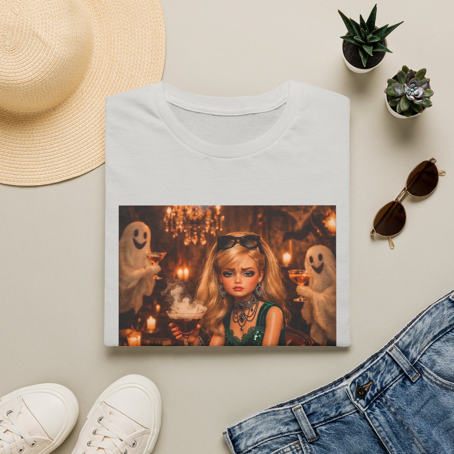 "Just Here for the Boo" Ghostly Vintage Doll Halloween Tee