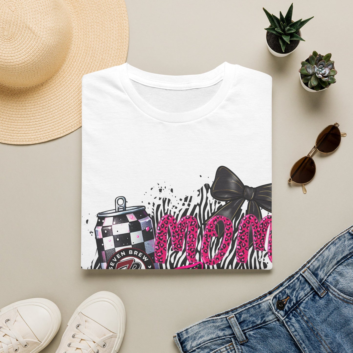 Mom Squad T‑Shirt — Pink Zebra Graphic Tee with Bow & Checkered Can