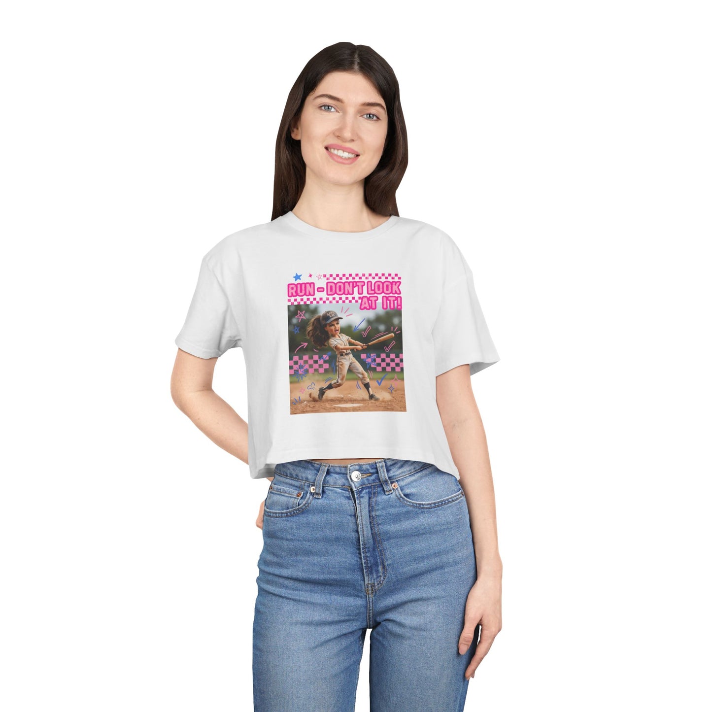Crop Tee Softball 'Run Don't Look At Me' Graphic