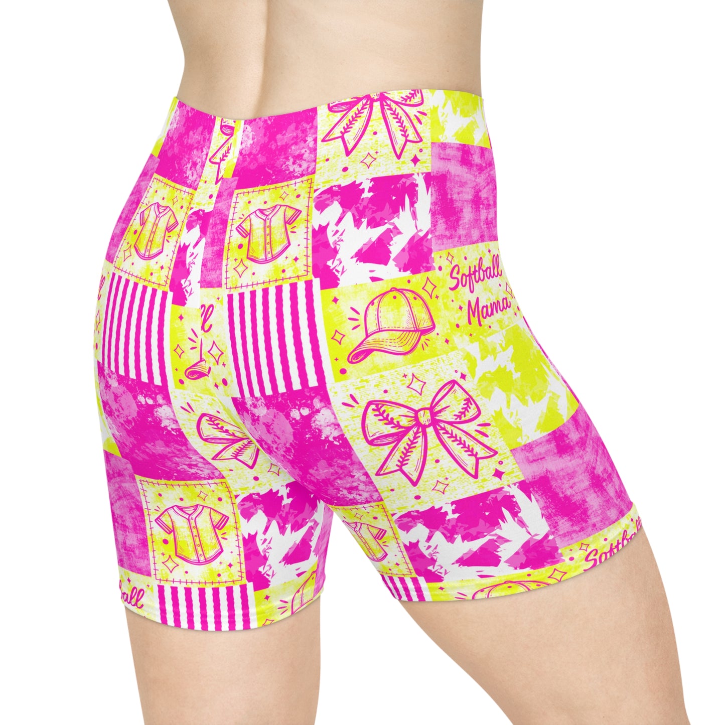 Softball Mama Biker Shorts — Pink & Yellow
