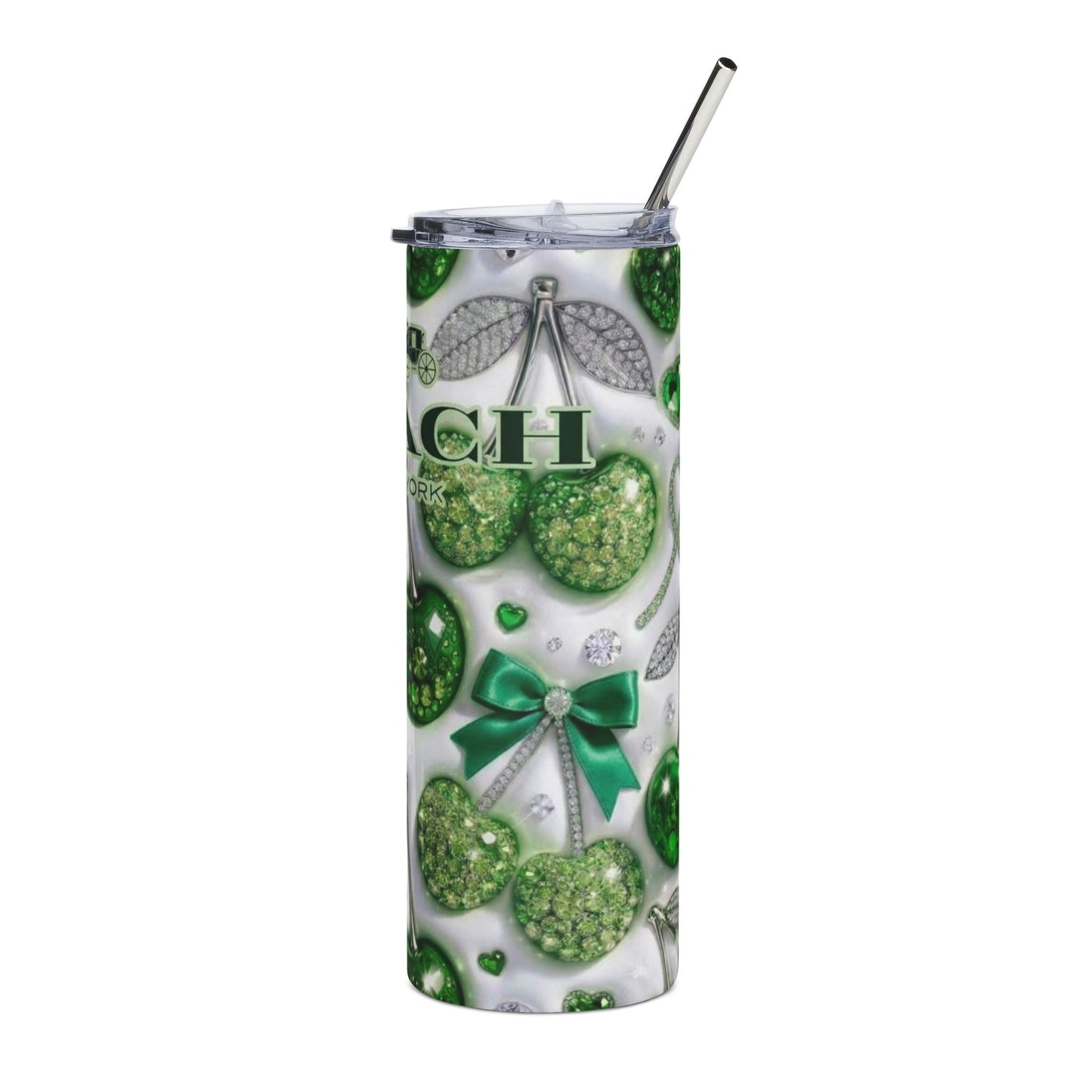 Green Cherry Stainless Steel Tumbler — 20oz Sparkle Travel Cup