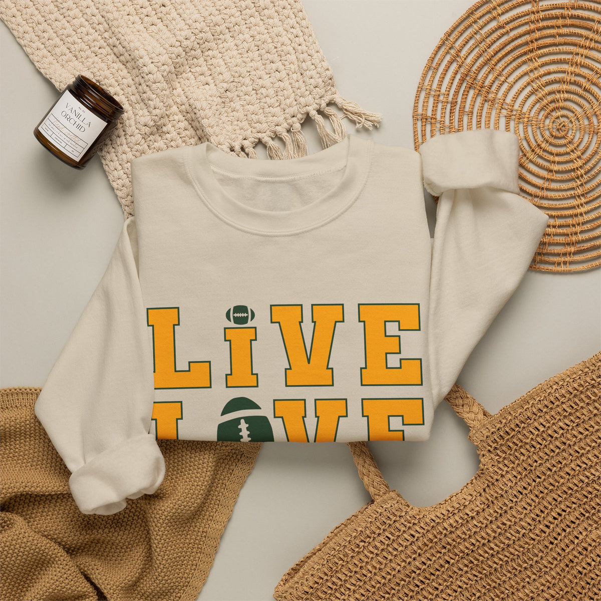 Live Love Packers Football Crewneck Sweatshirt — Green Bay Fan Pullover
