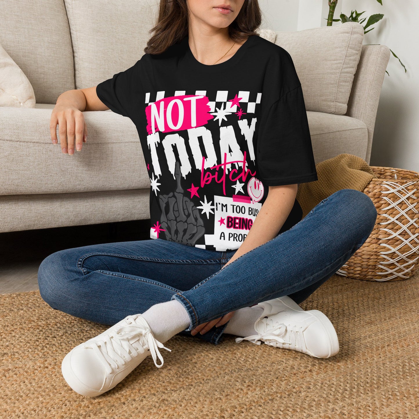 Not Today Tee — Bold Punk Graphic T‑Shirt with Checkerboard & Slogan