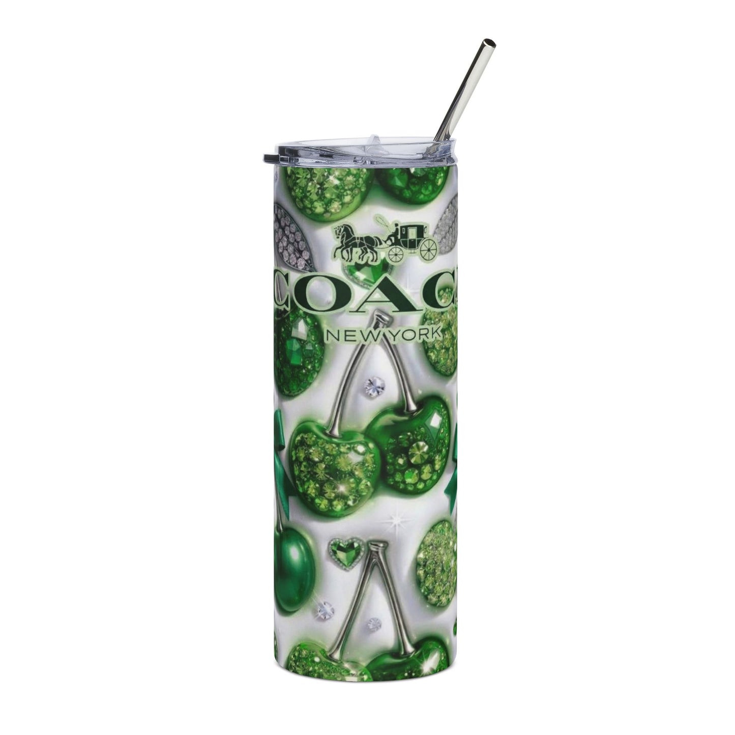 Green Cherry Stainless Steel Tumbler — 20oz Sparkle Travel Cup