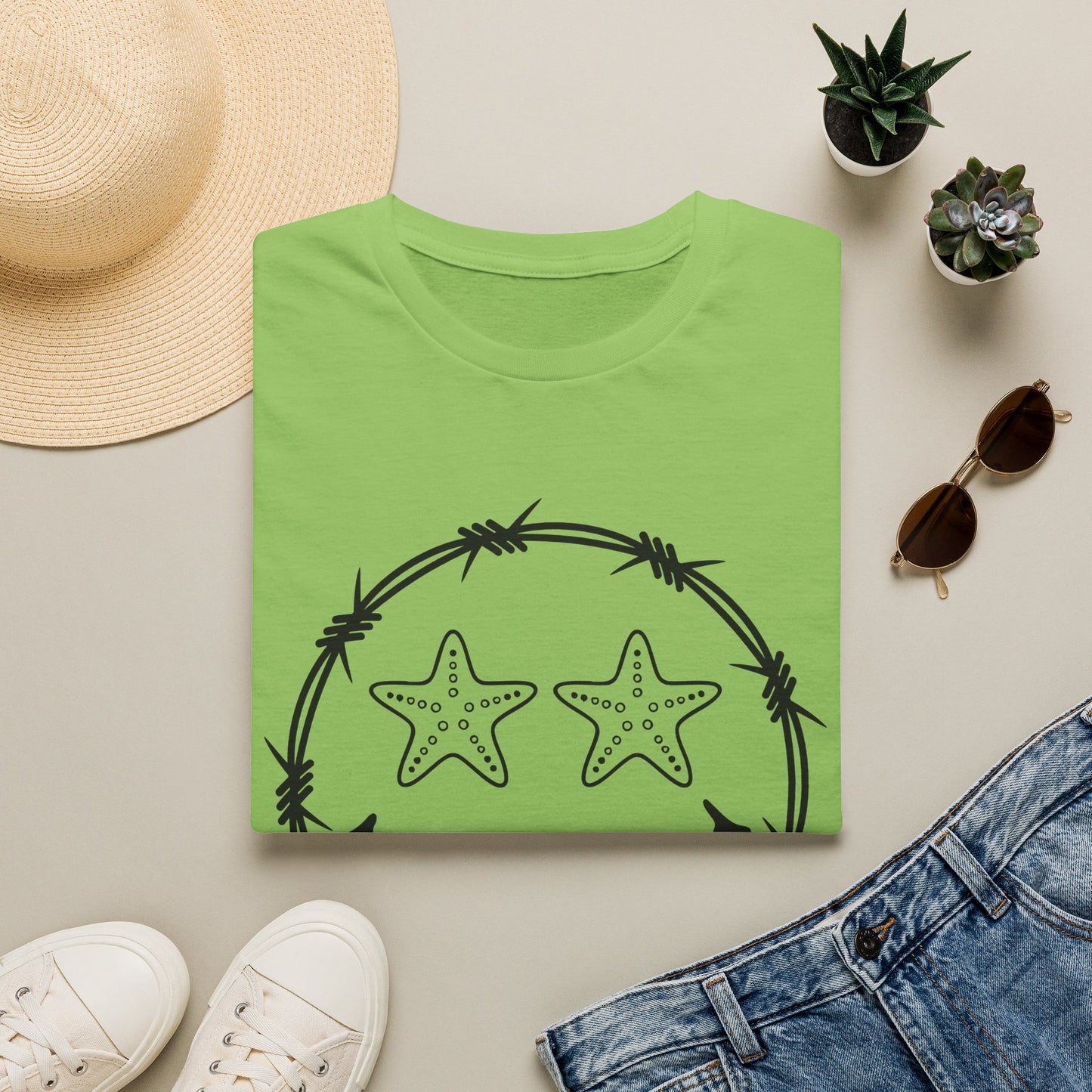Smiley Barbed Wire Star Eyes Graphic T-Shirt