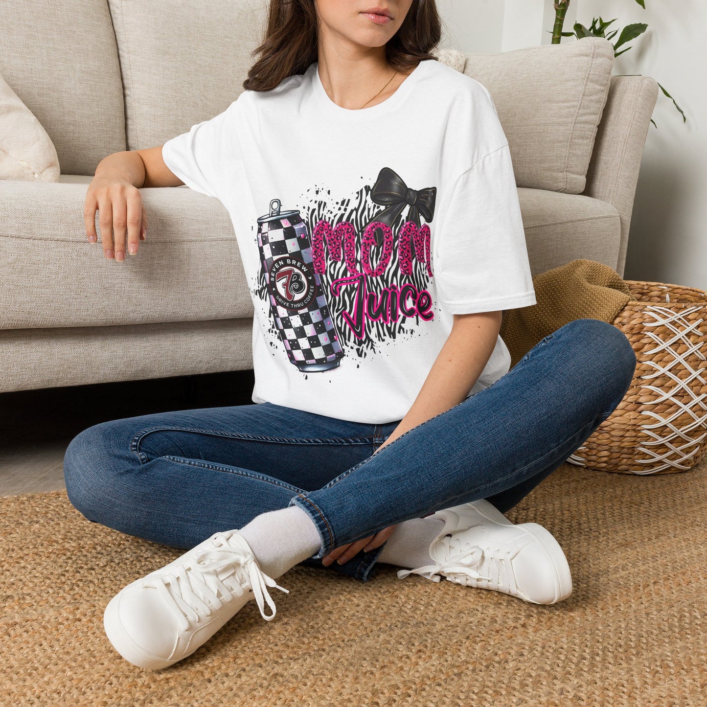 Mom Squad T‑Shirt — Pink Zebra Graphic Tee with Bow & Checkered Can