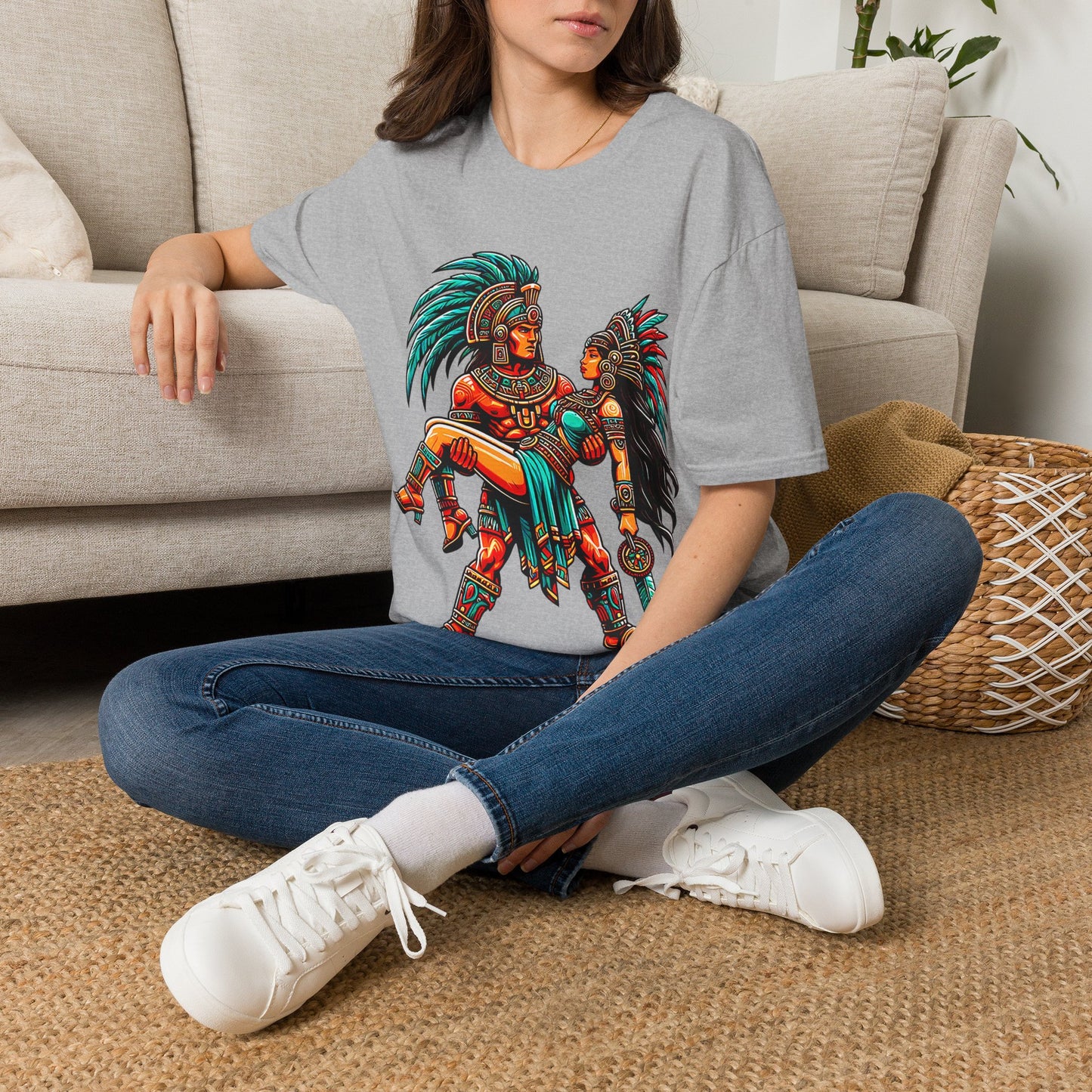 Aztec Warrior Couple T-Shirt — Vintage Mesoamerican Tribal Art Tee
