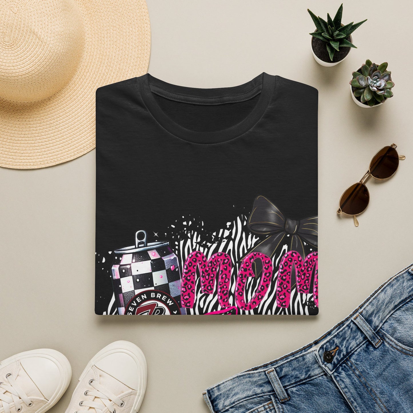 Mom Squad T‑Shirt — Pink Zebra Graphic Tee with Bow & Checkered Can