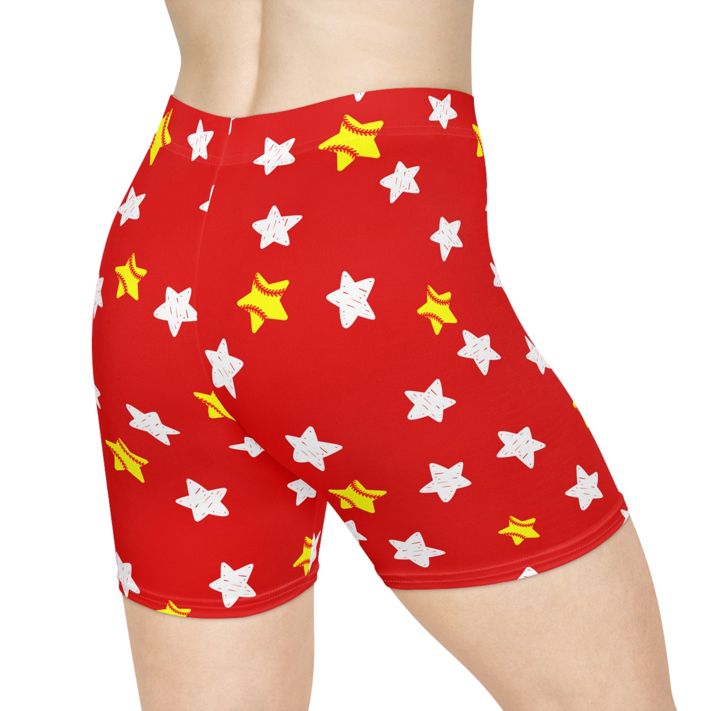 Red Starburst Pattern Biker Shorts — Women's Cute Holiday Activewear