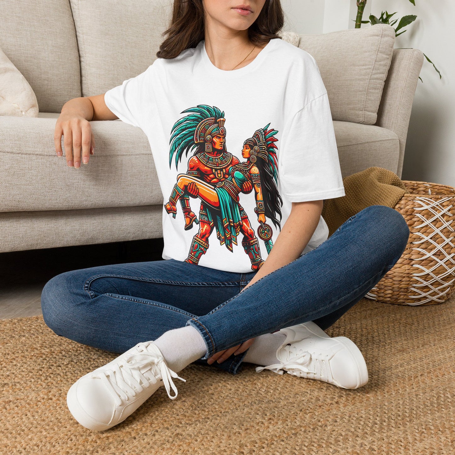 Aztec Warrior Couple T-Shirt — Vintage Mesoamerican Tribal Art Tee